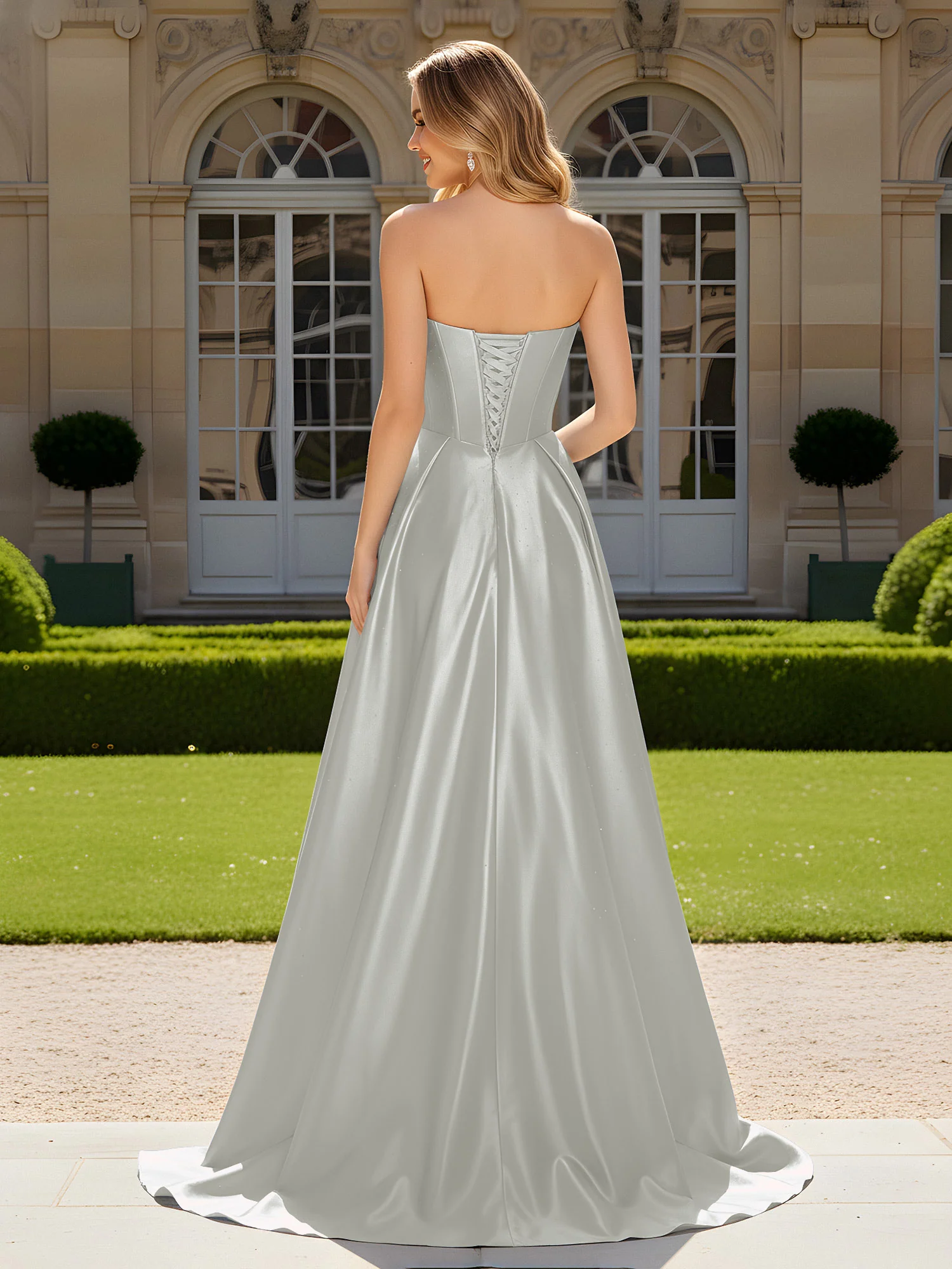 Sweetheart Pleated Lace-Up Gown With Sweep/Brush Train Silver - Image 2