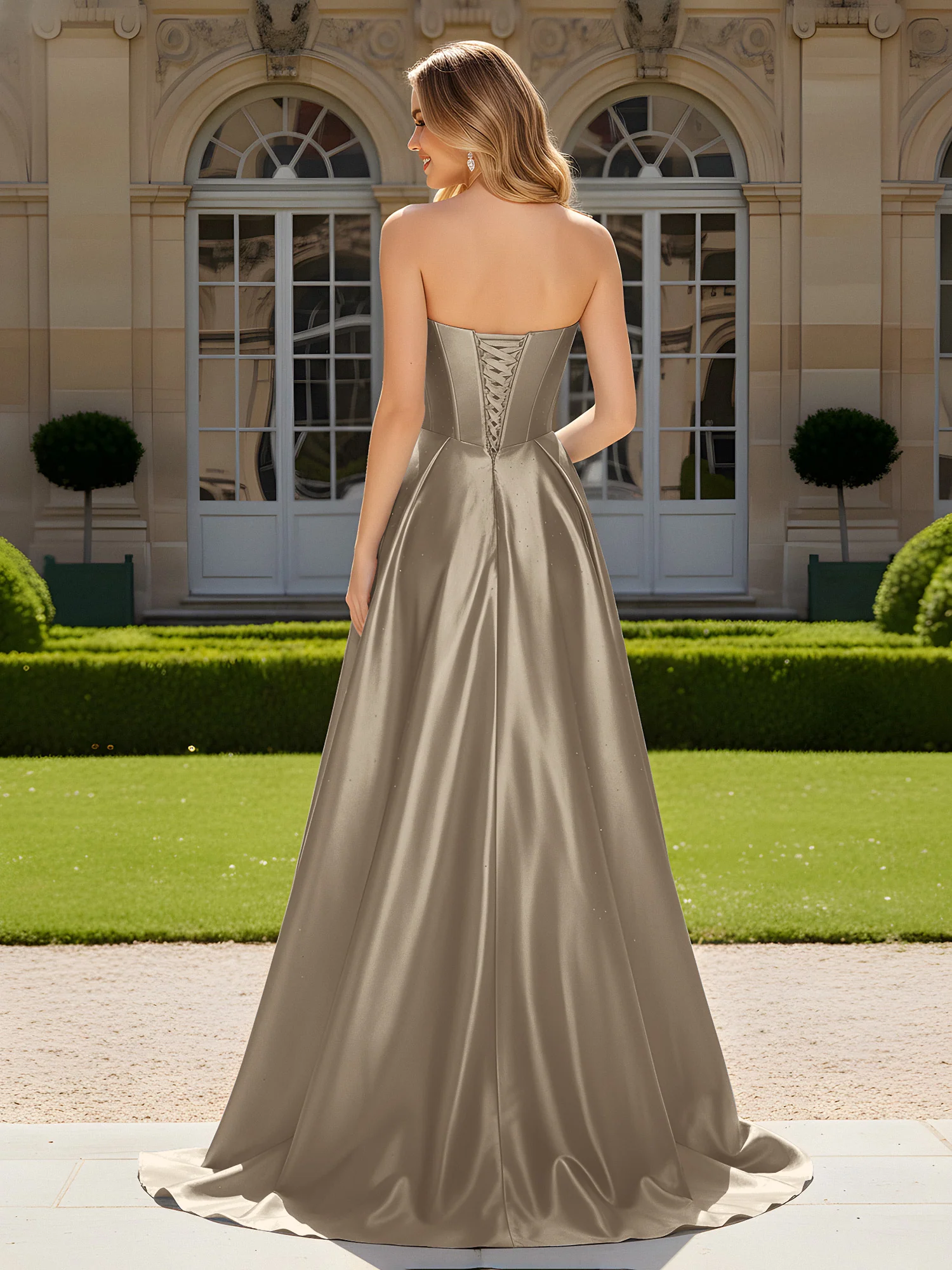 Sweetheart Pleated Lace-Up Gown With Sweep/Brush Train Taupe - Image 2