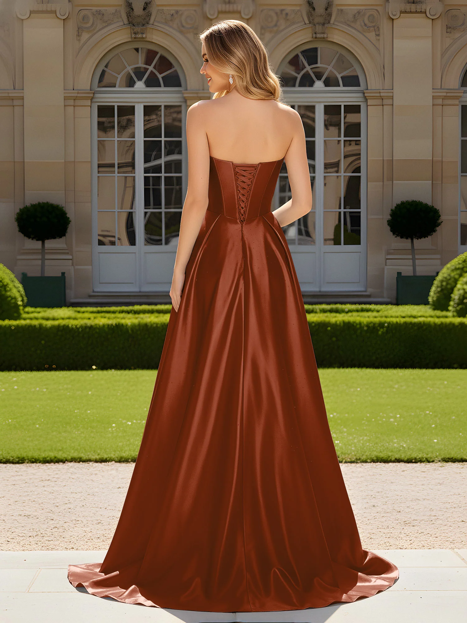 Sweetheart Pleated Lace-Up Gown With Sweep/Brush Train Terracotta - Image 2