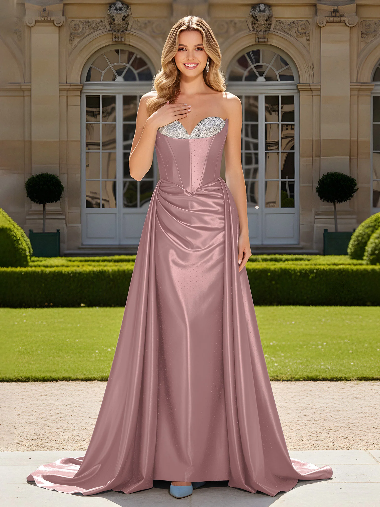 Sweetheart Pleated Lace-Up Gown With Sweep/Brush Train Vintage Mauve