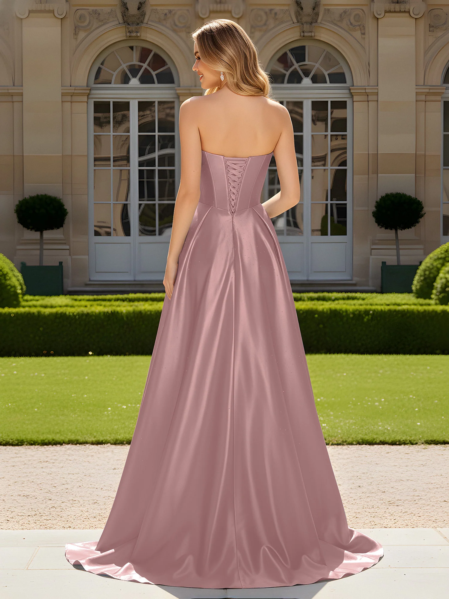 Sweetheart Pleated Lace-Up Gown With Sweep/Brush Train Vintage Mauve - Image 2