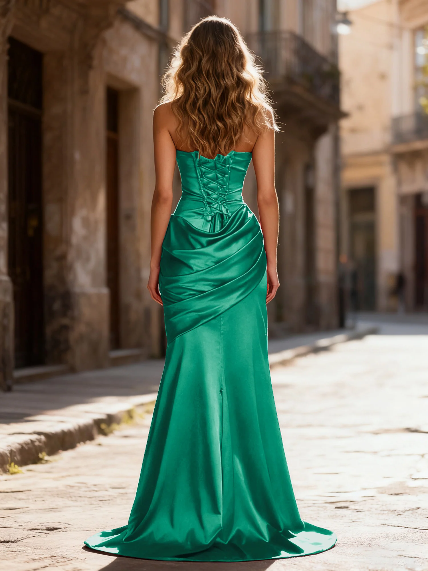 Strapless Ruched Mermaid Gown With Neck Sash Dark Green - Image 2