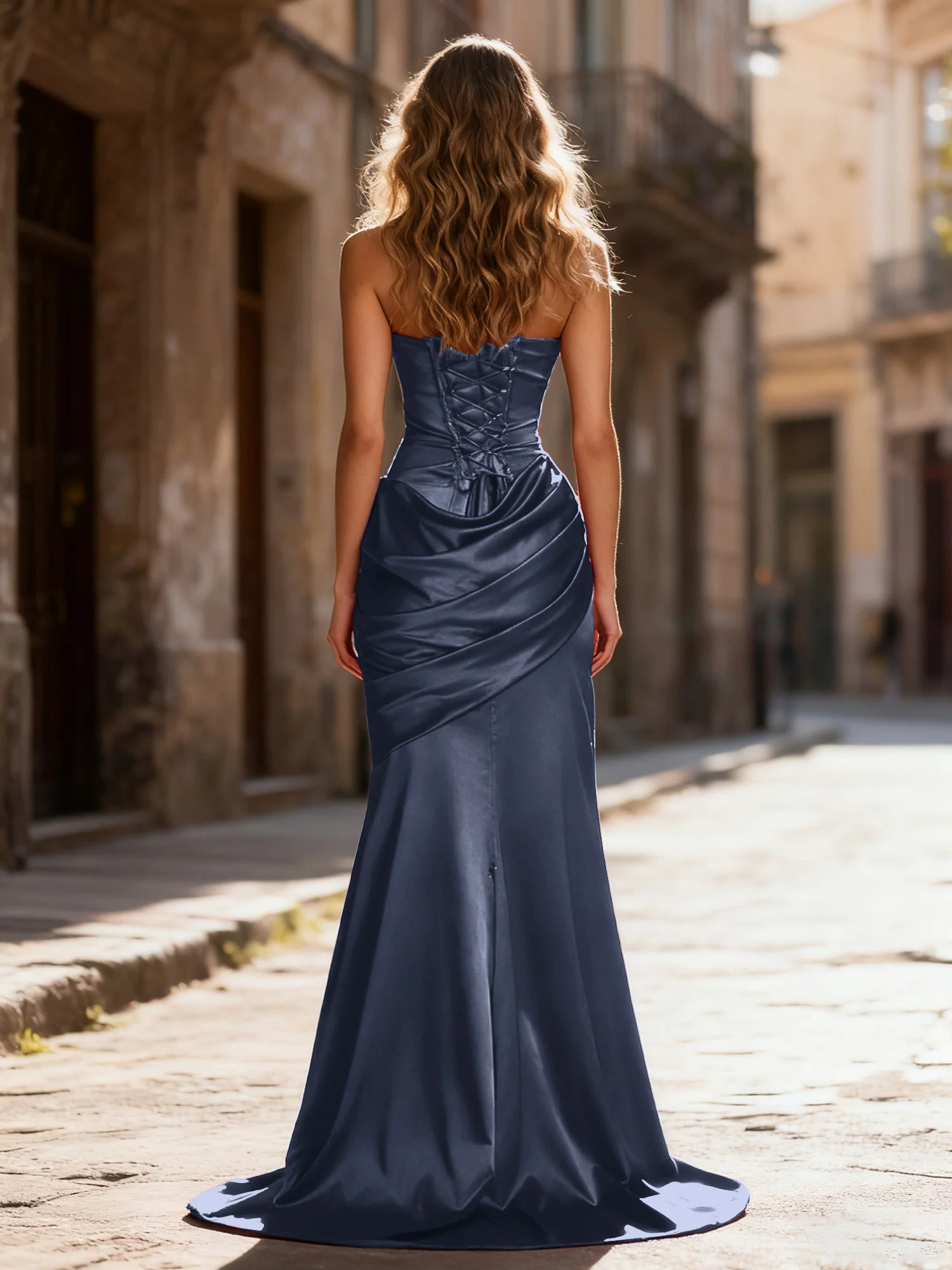 Strapless Ruched Mermaid Gown With Neck Sash Dark Navy - Image 2