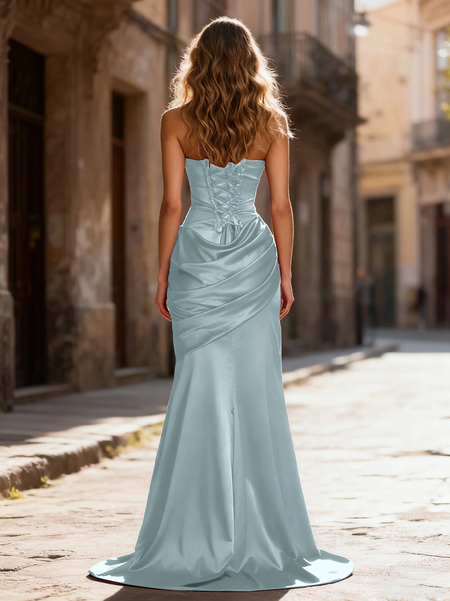 Strapless Ruched Mermaid Gown With Neck Sash Dusty Blue - Image 2