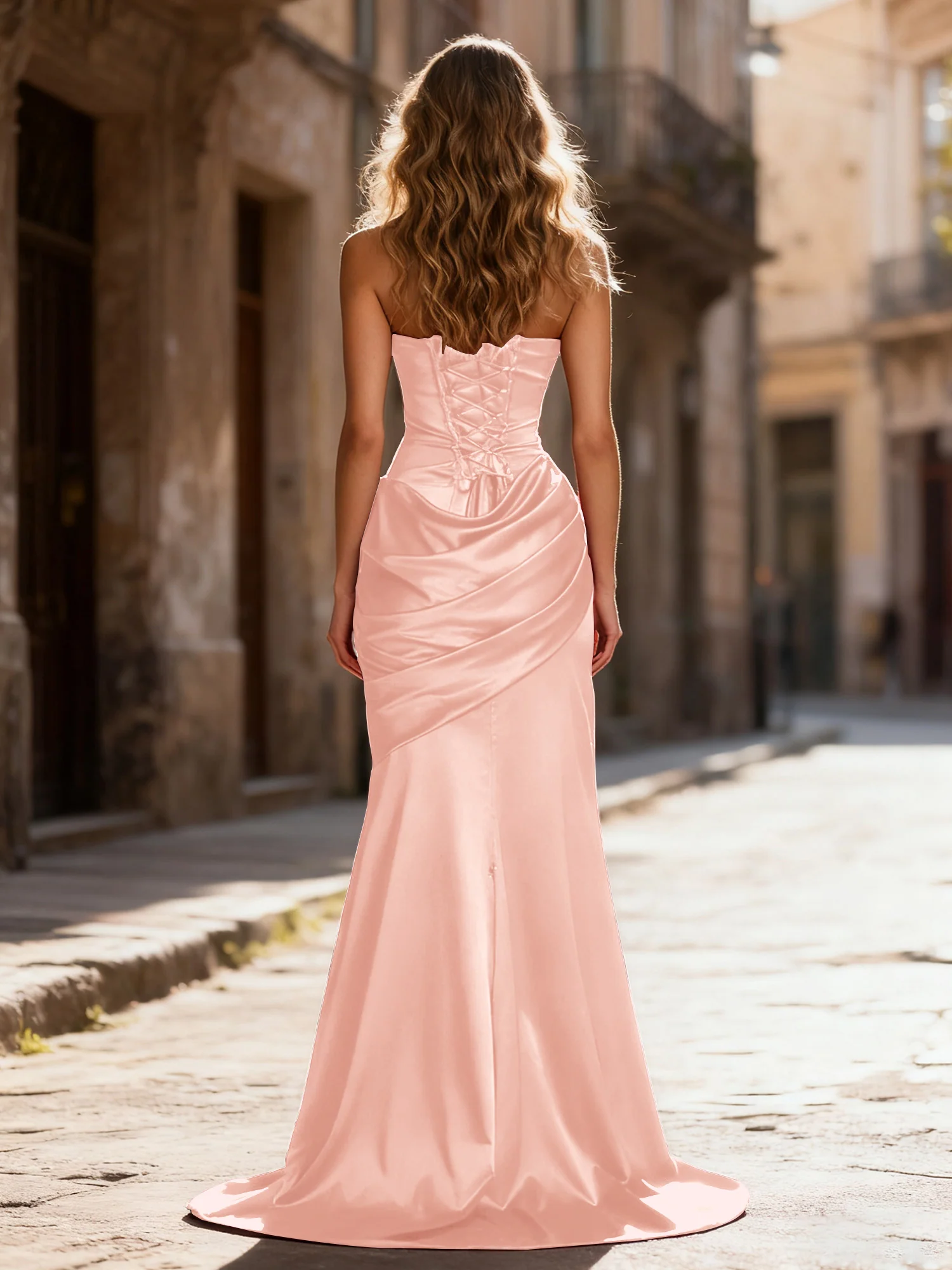 Strapless Ruched Mermaid Gown With Neck Sash Dusty Rose - Image 2