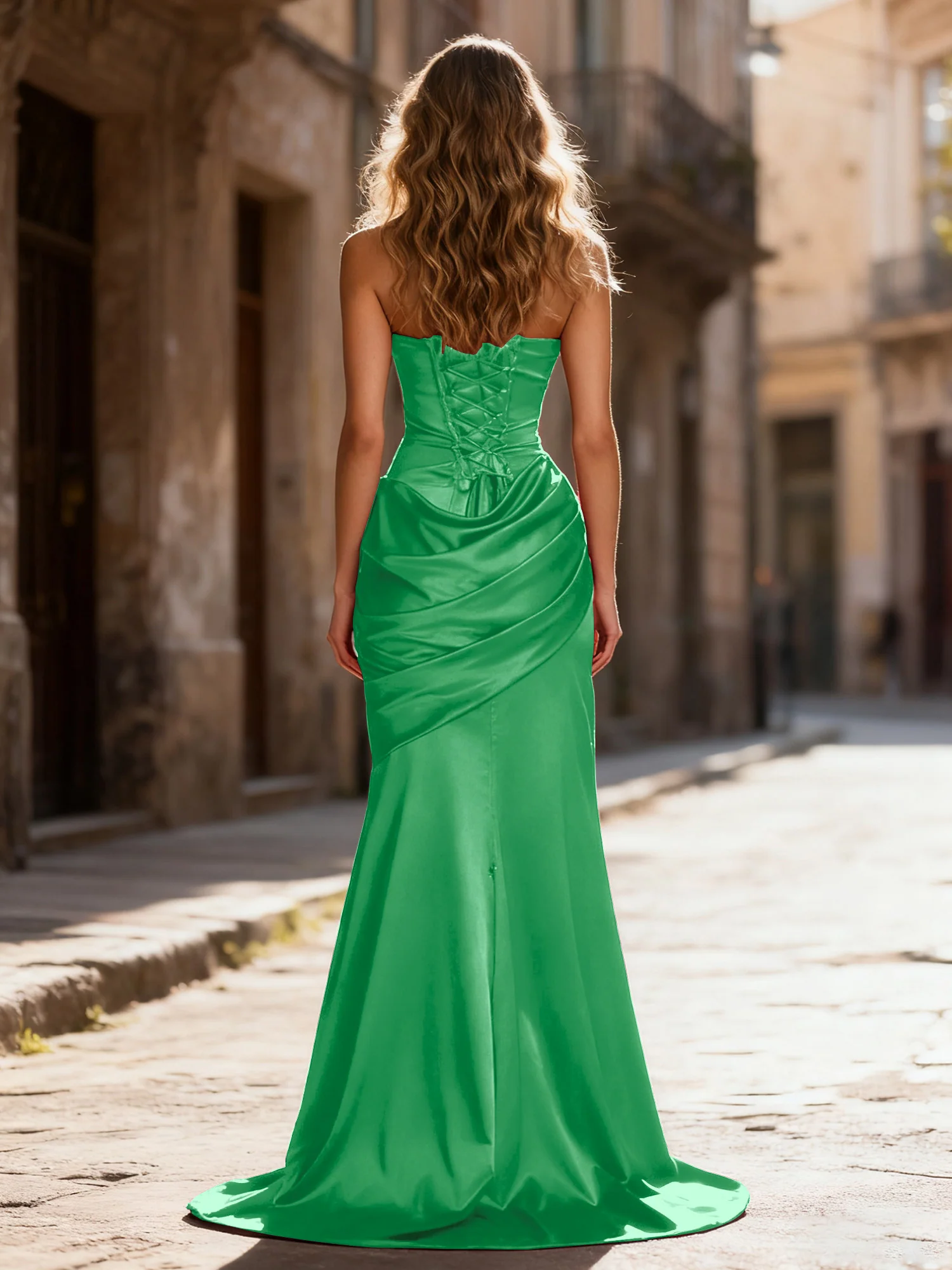 Strapless Ruched Mermaid Gown With Neck Sash Emerald - Image 2