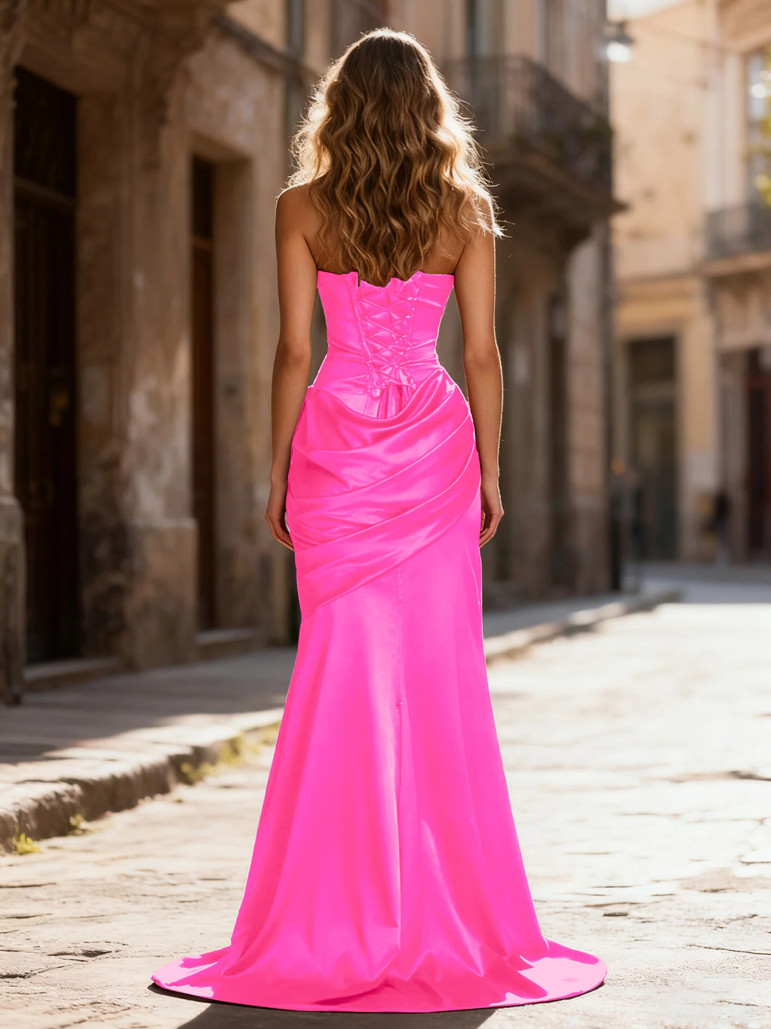 Strapless Ruched Mermaid Gown With Neck Sash Fuchsia - Image 2