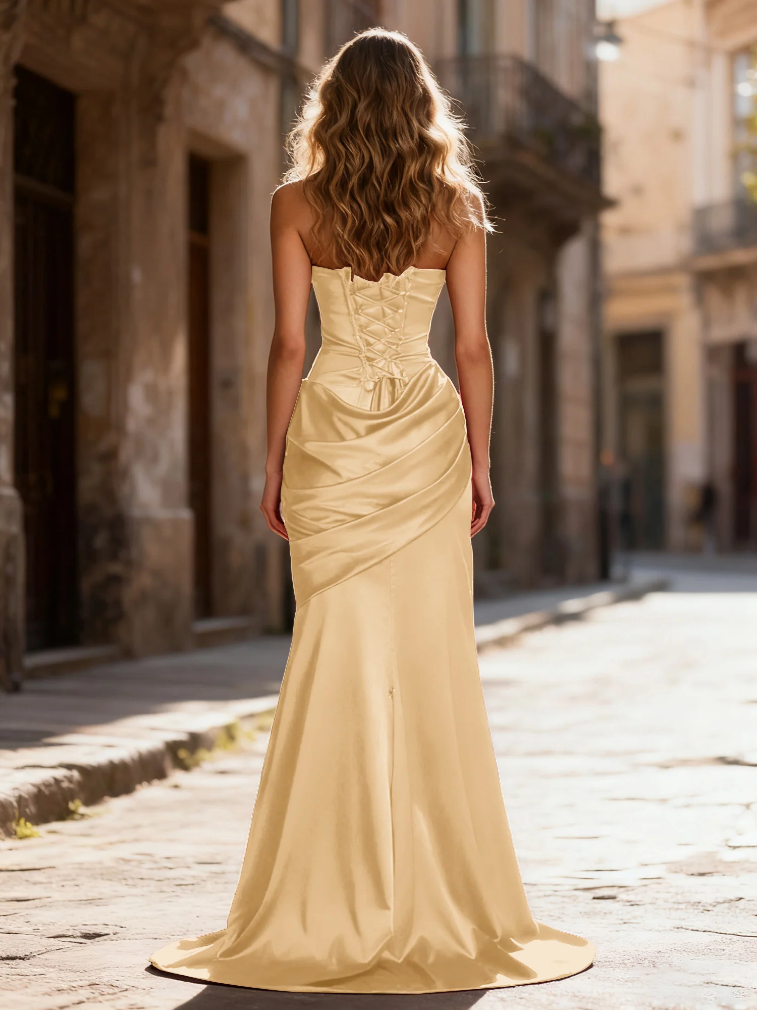 Strapless Ruched Mermaid Gown With Neck Sash Gold - Image 2