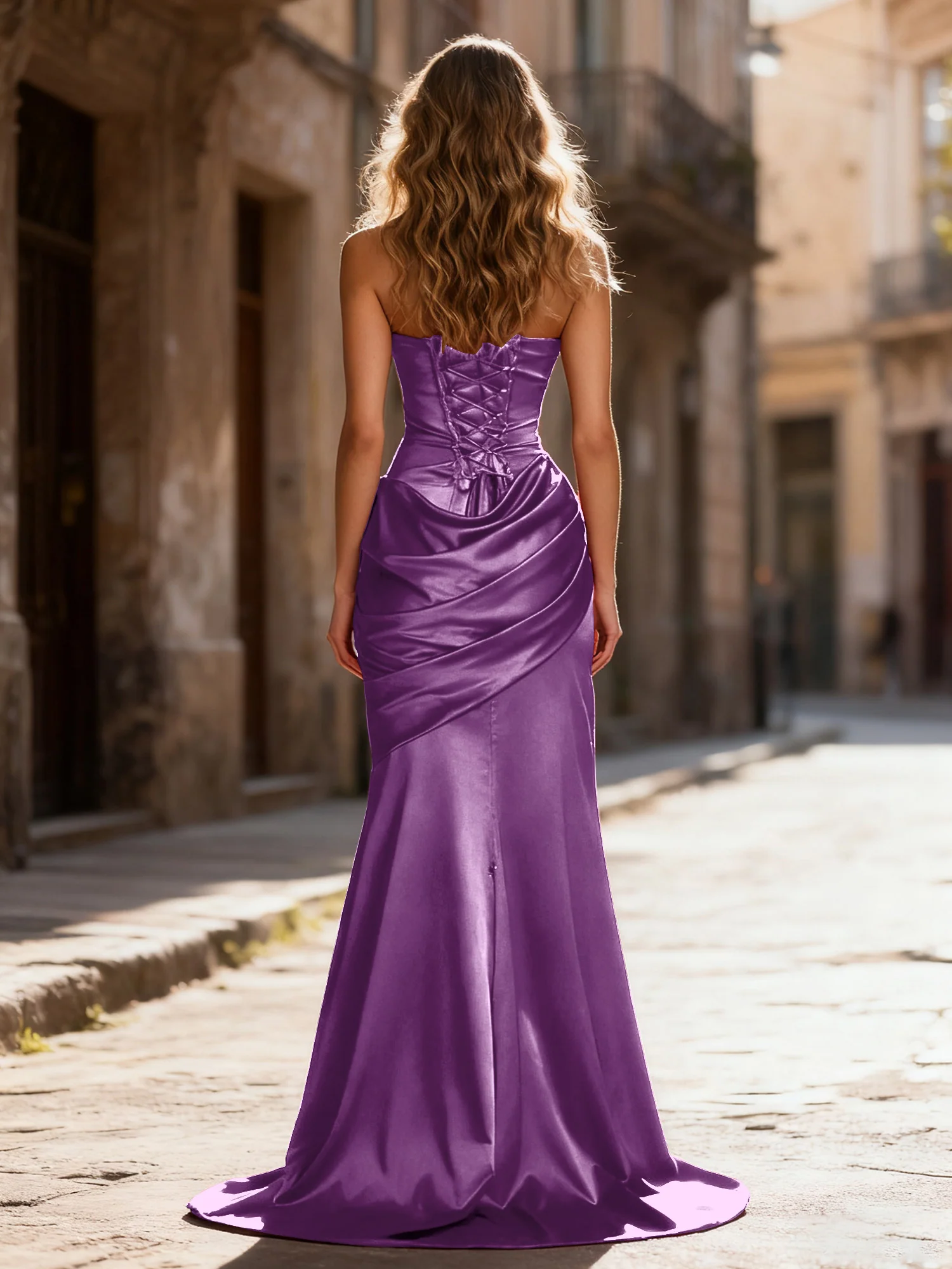 Strapless Ruched Mermaid Gown With Neck Sash Grape - Image 2