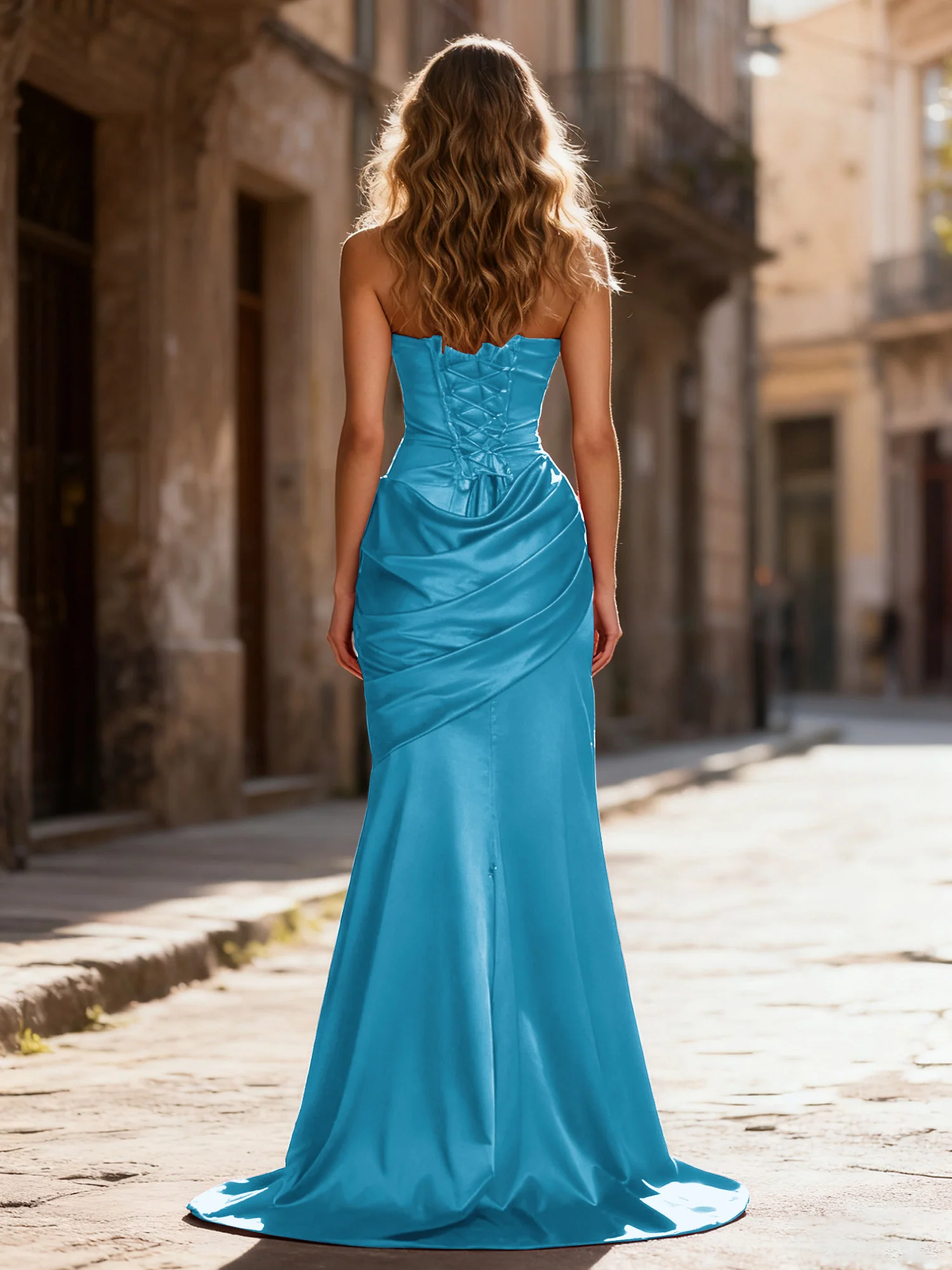 Strapless Ruched Mermaid Gown With Neck Sash Ink Blue - Image 2