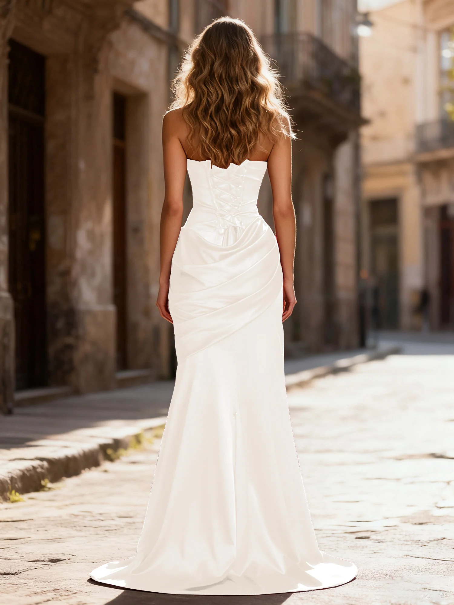 Strapless Ruched Mermaid Gown With Neck Sash Ivory - Image 2