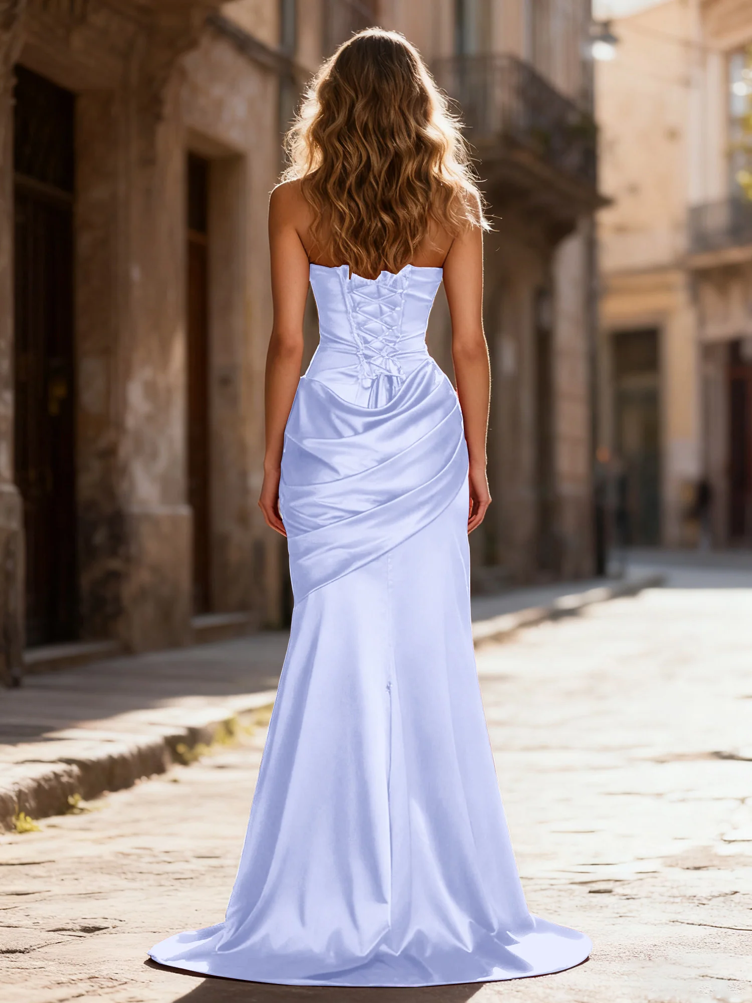 Strapless Ruched Mermaid Gown With Neck Sash Lavender - Image 2