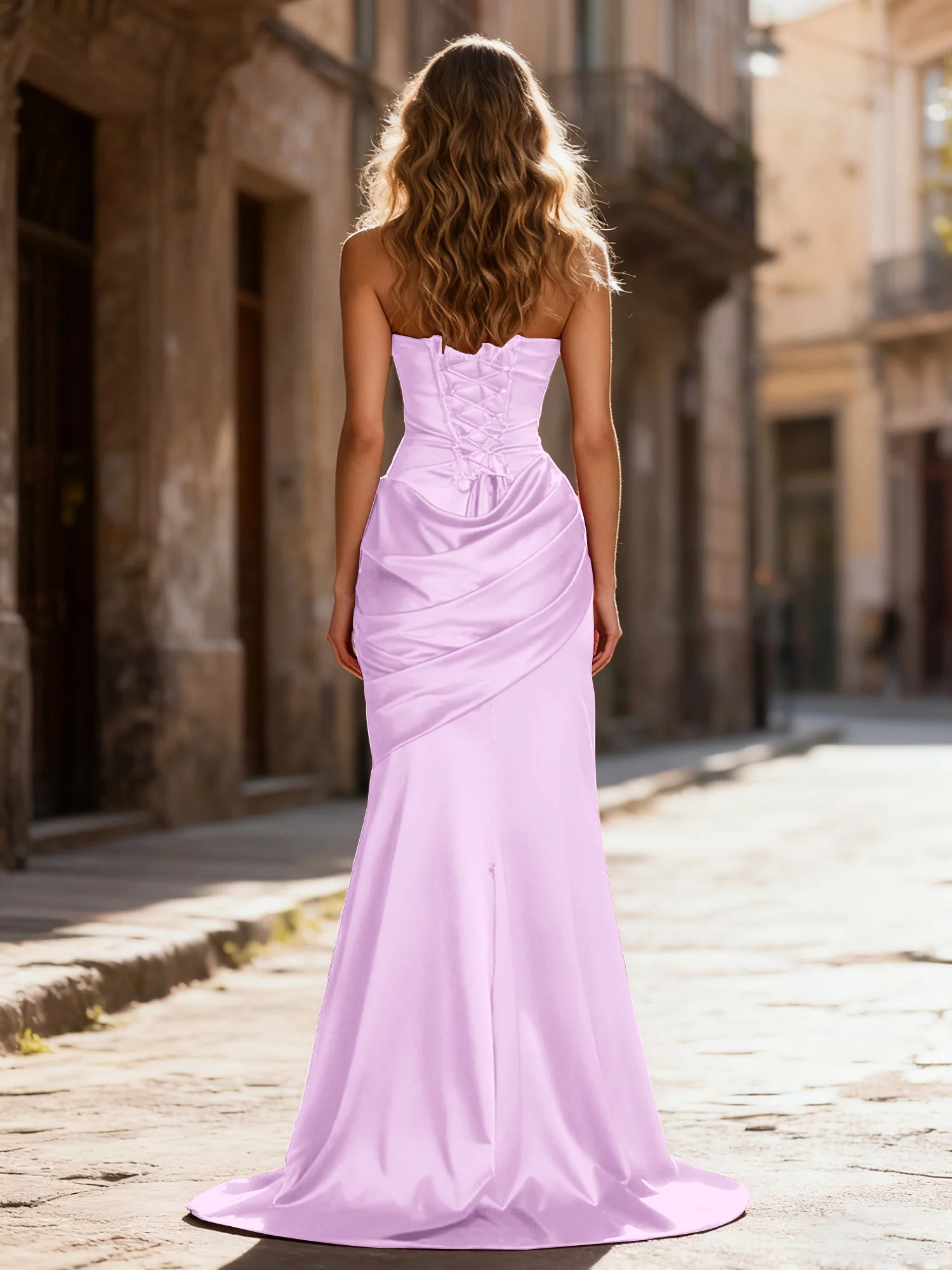 Strapless Ruched Mermaid Gown With Neck Sash Lilac - Image 2