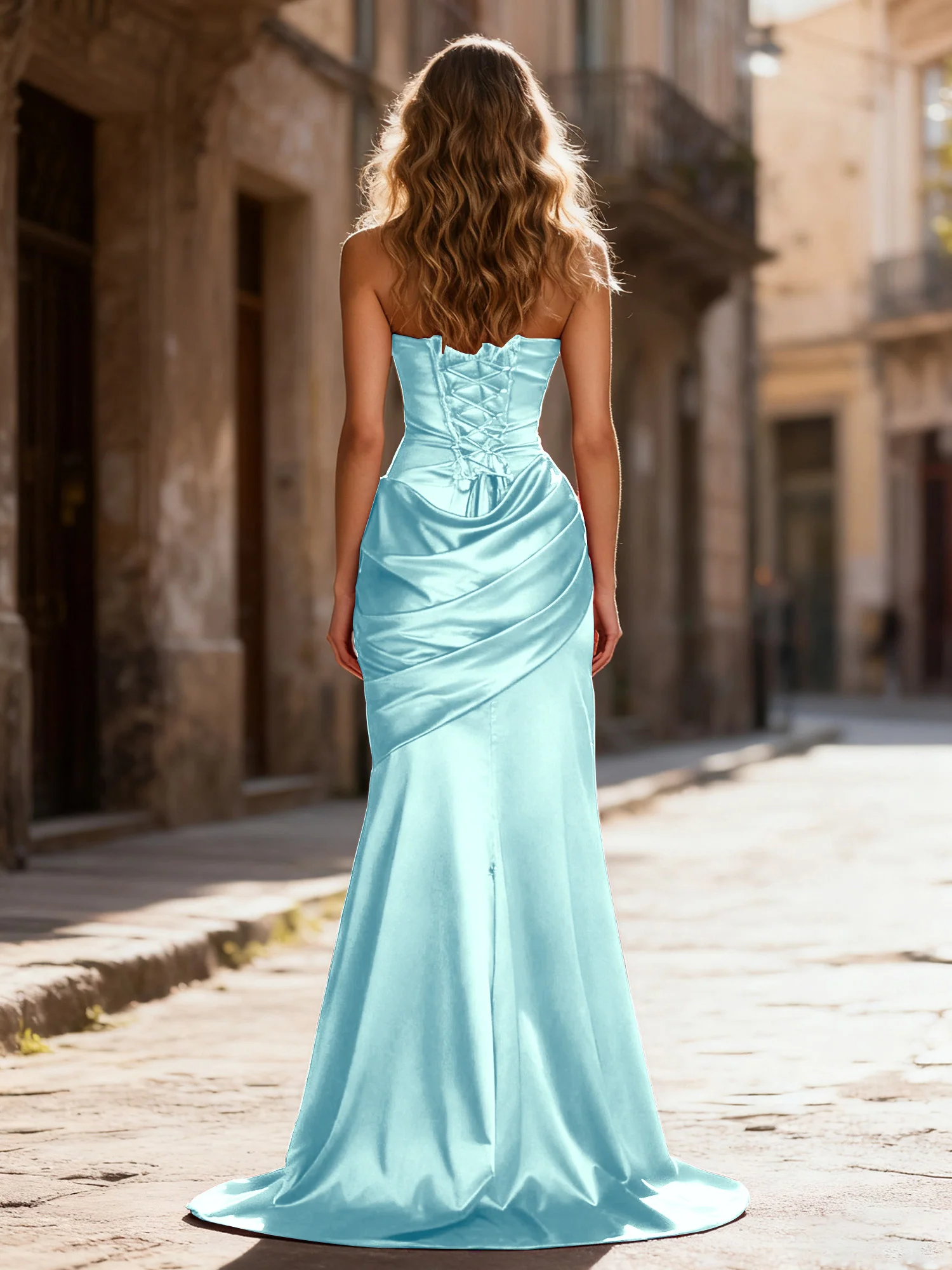 Strapless Ruched Mermaid Gown With Neck Sash Mist - Image 2