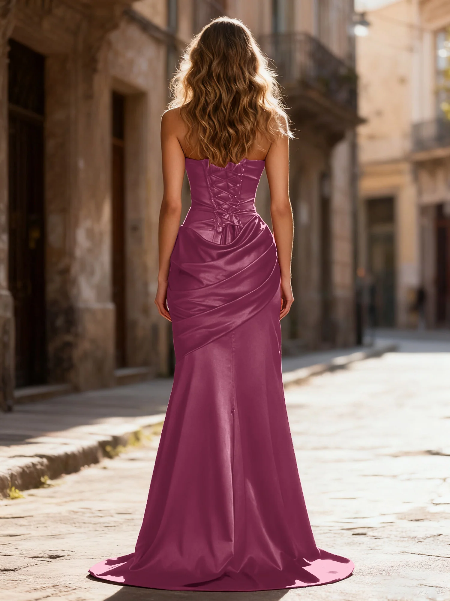 Strapless Ruched Mermaid Gown With Neck Sash Mulberry - Image 2