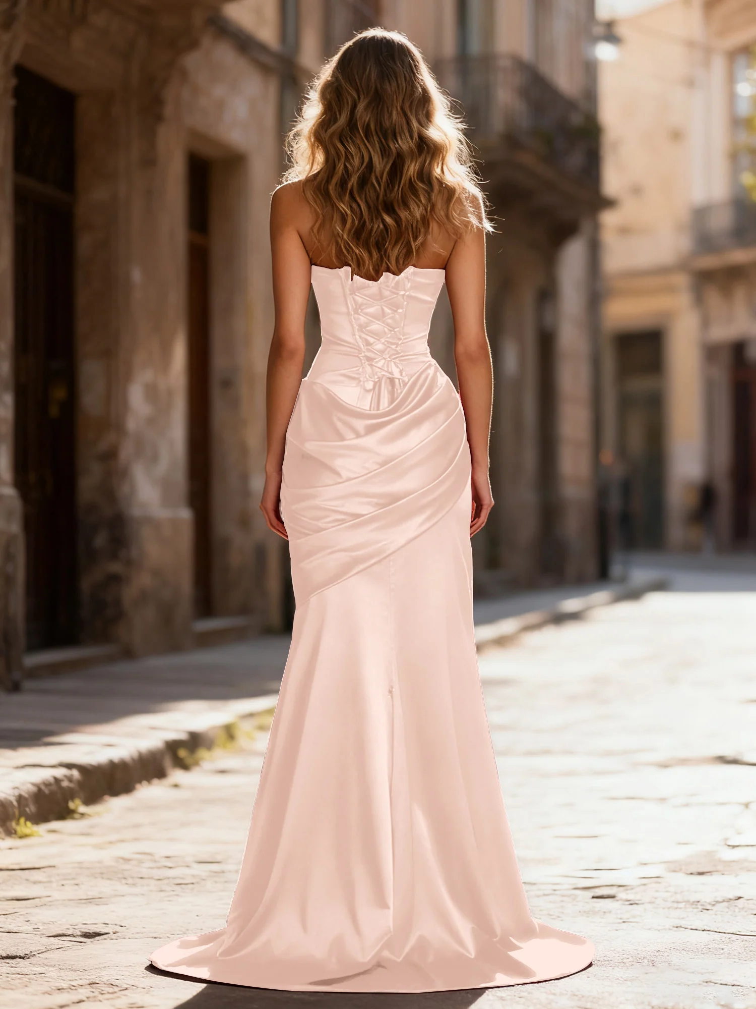 Strapless Ruched Mermaid Gown With Neck Sash Pearl Pink - Image 2