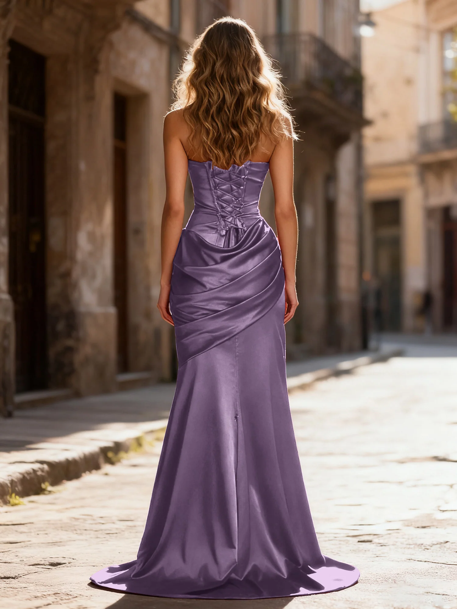 Strapless Ruched Mermaid Gown With Neck Sash Plum - Image 2