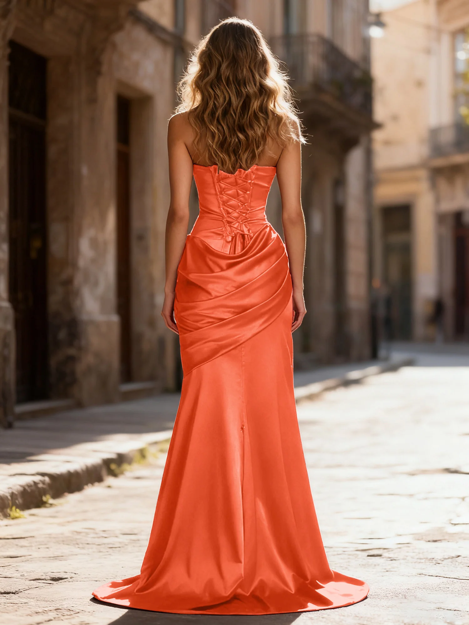 Strapless Ruched Mermaid Gown With Neck Sash Rust - Image 2
