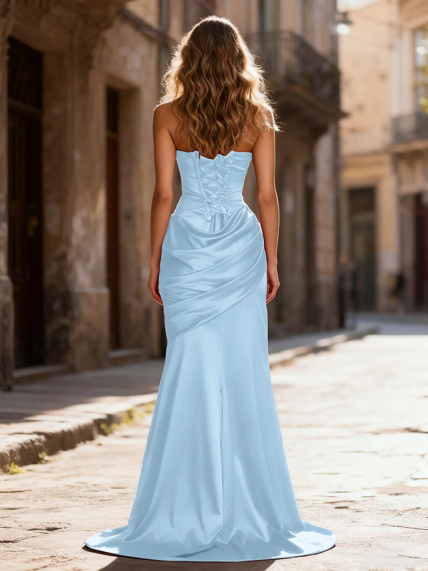 Strapless Ruched Mermaid Gown With Neck Sash Slate Blue - Image 2