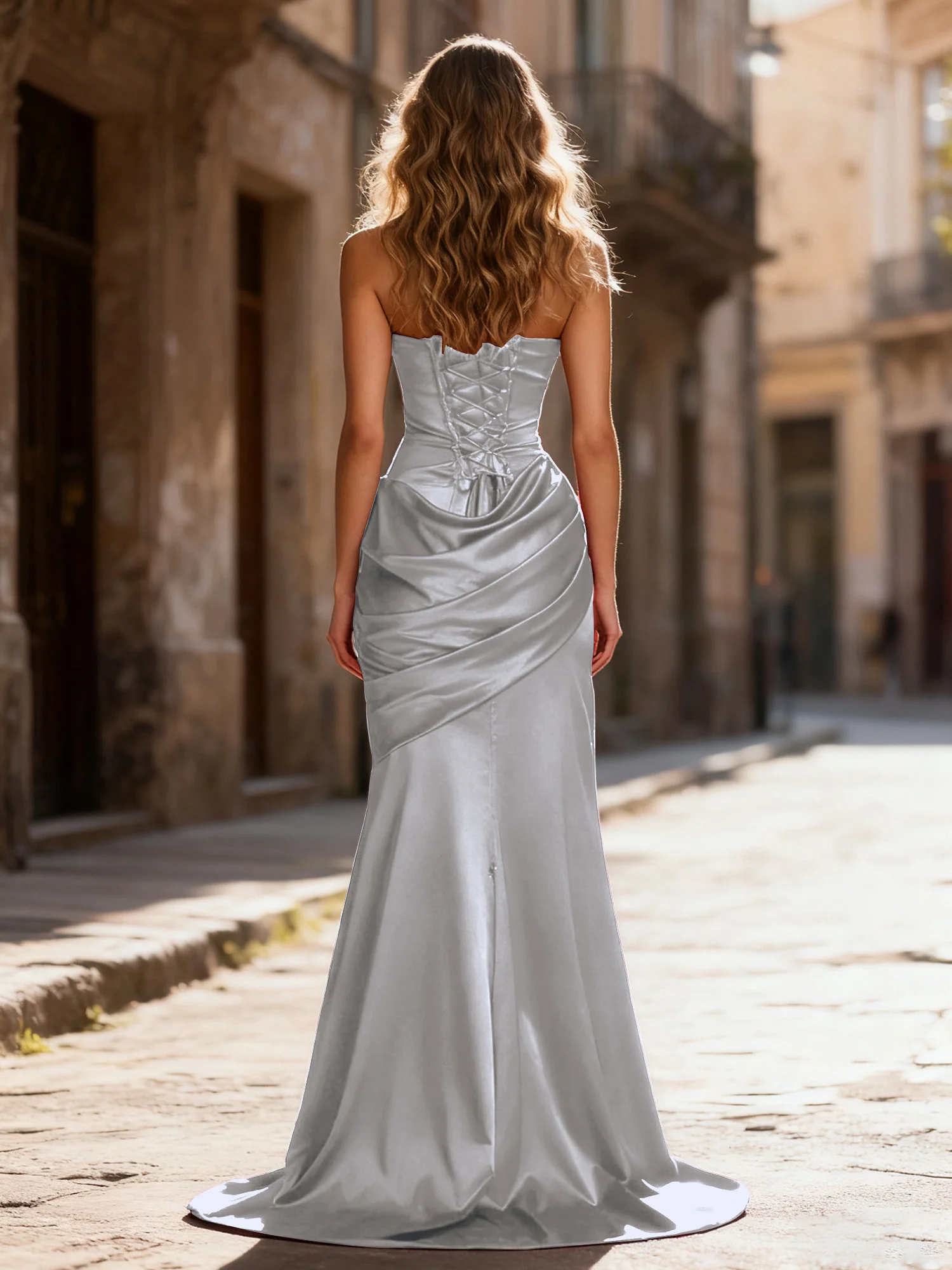 Strapless Ruched Mermaid Gown With Neck Sash Steel Grey - Image 2