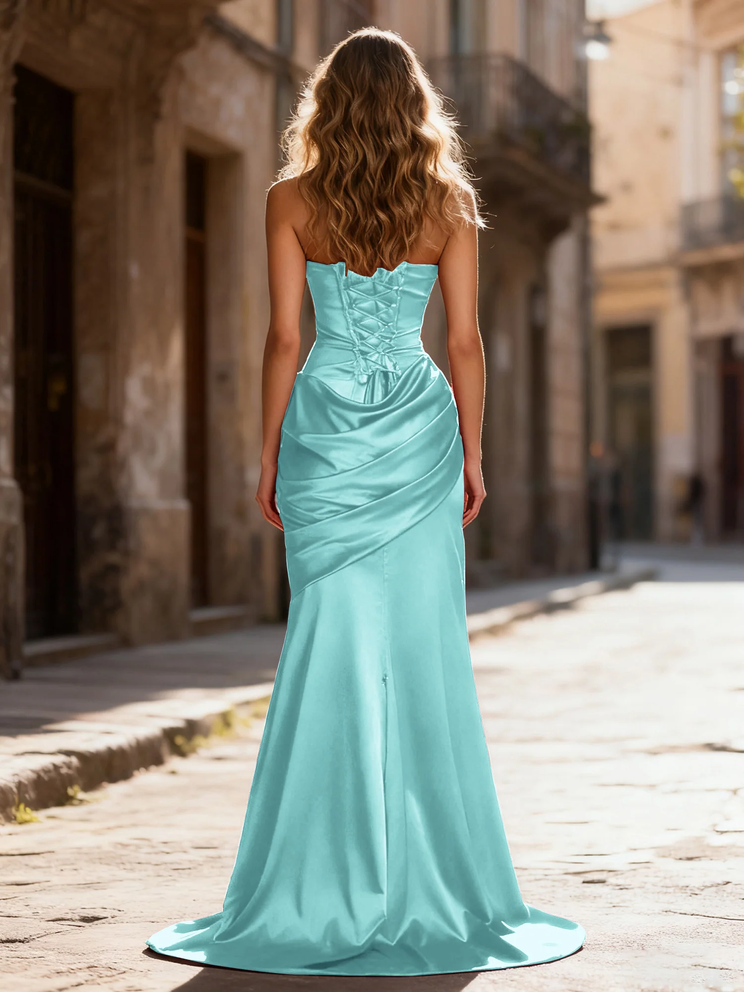 Strapless Ruched Mermaid Gown With Neck Sash Teal - Image 2