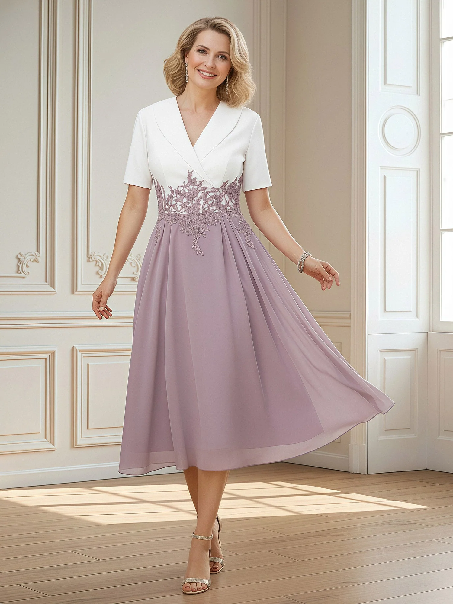 Short Sleeves V-neck Satin Chiffon A-Line Dress Lilac