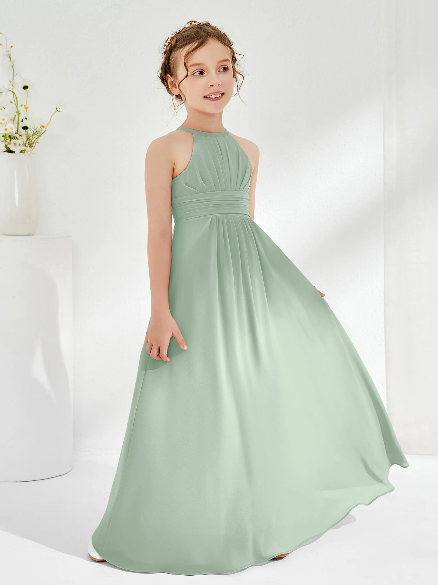 Simple Halter A-line Chiffon Junior Bridesmaid Dress Agave - Image 3