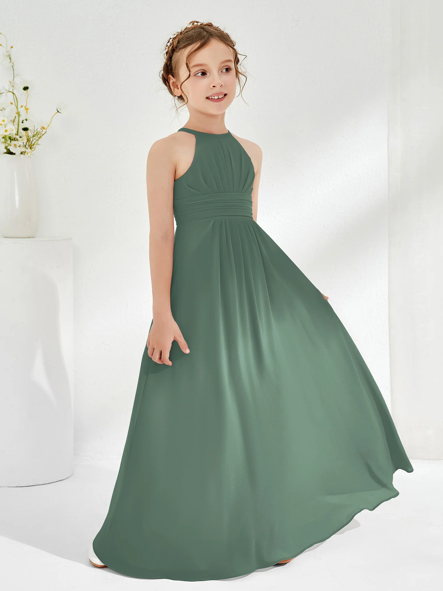 Simple Halter A-line Chiffon Junior Bridesmaid Dress Eucalyptus - Image 3