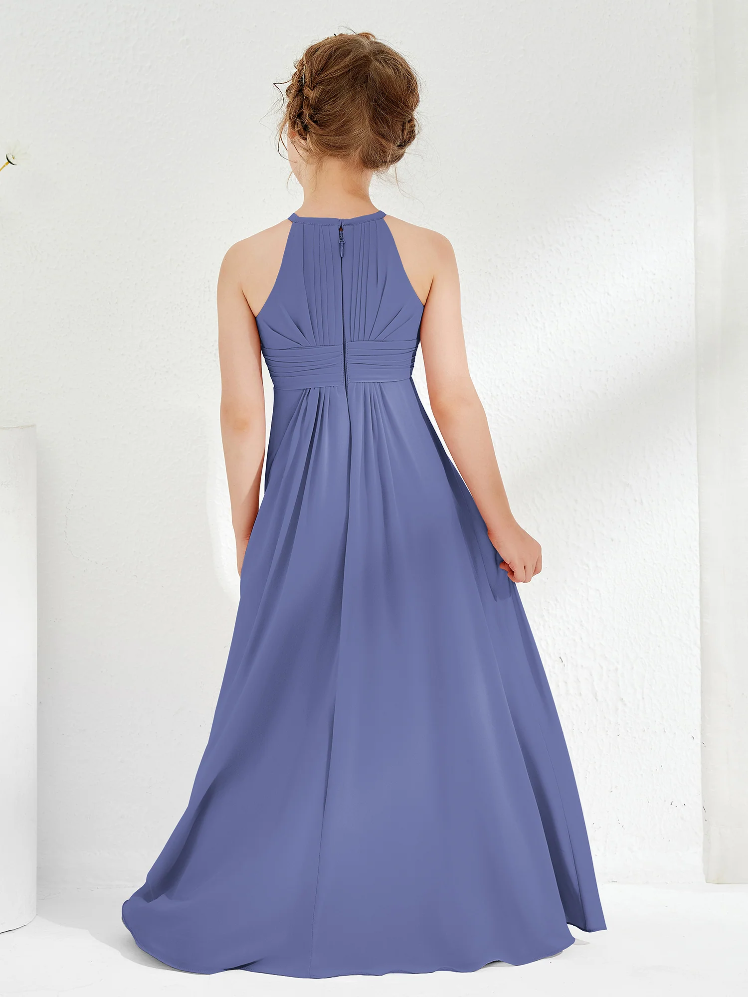 Simple Halter A-line Chiffon Junior Bridesmaid Dress Periwinkle - Image 2