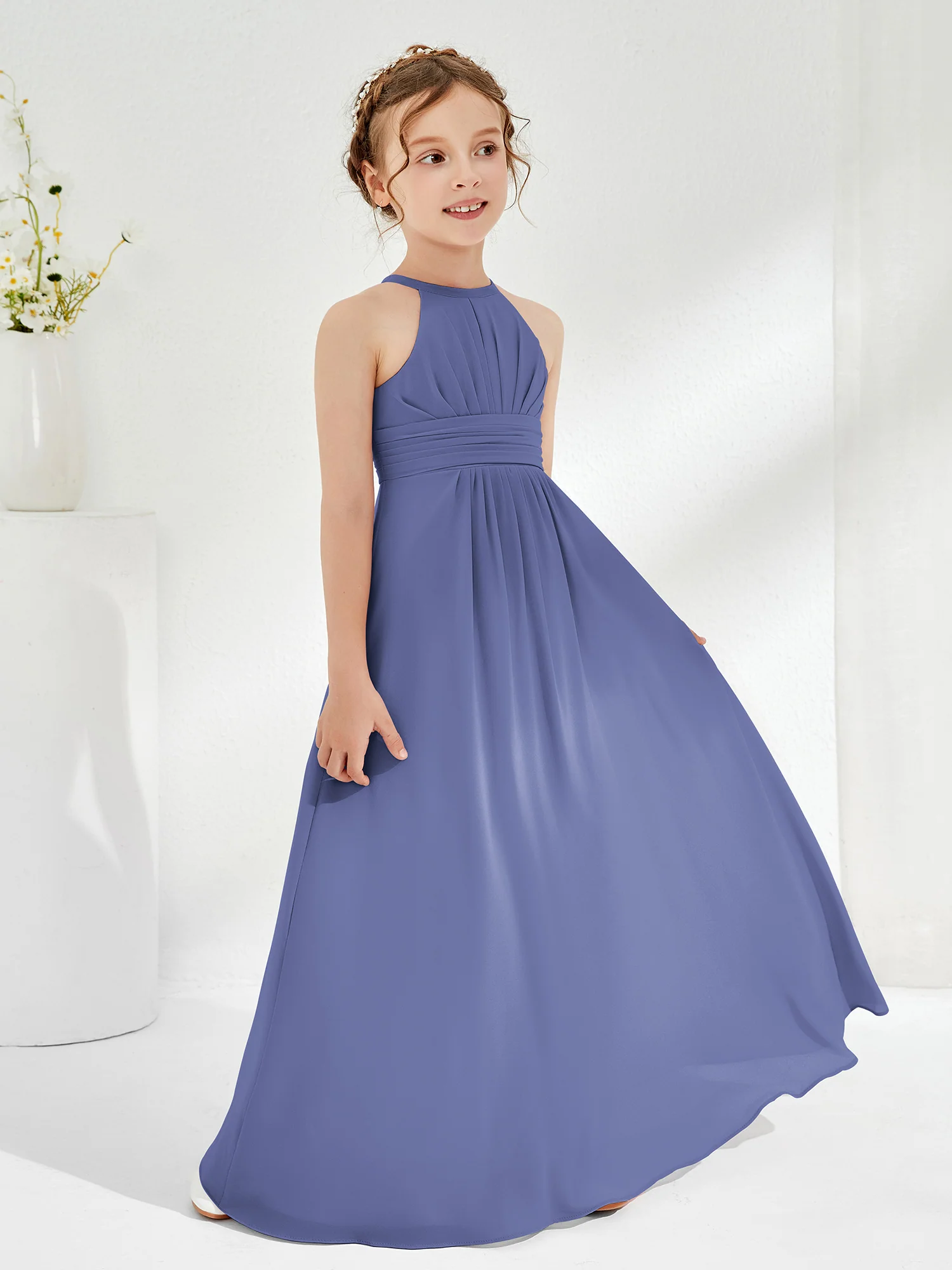 Simple Halter A-line Chiffon Junior Bridesmaid Dress Periwinkle - Image 3