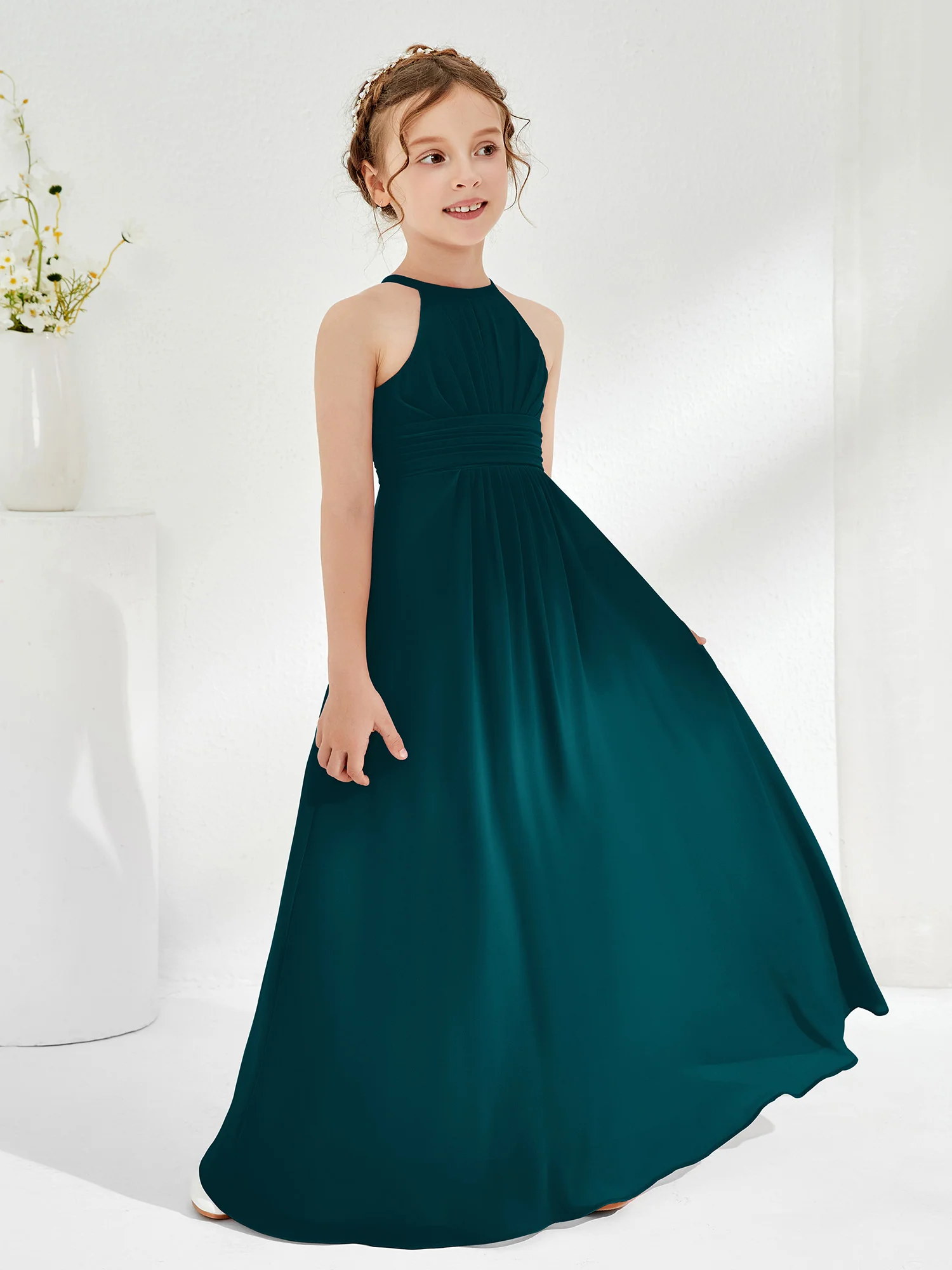 Simple Halter A-line Chiffon Junior Bridesmaid Dress Pine - Image 3