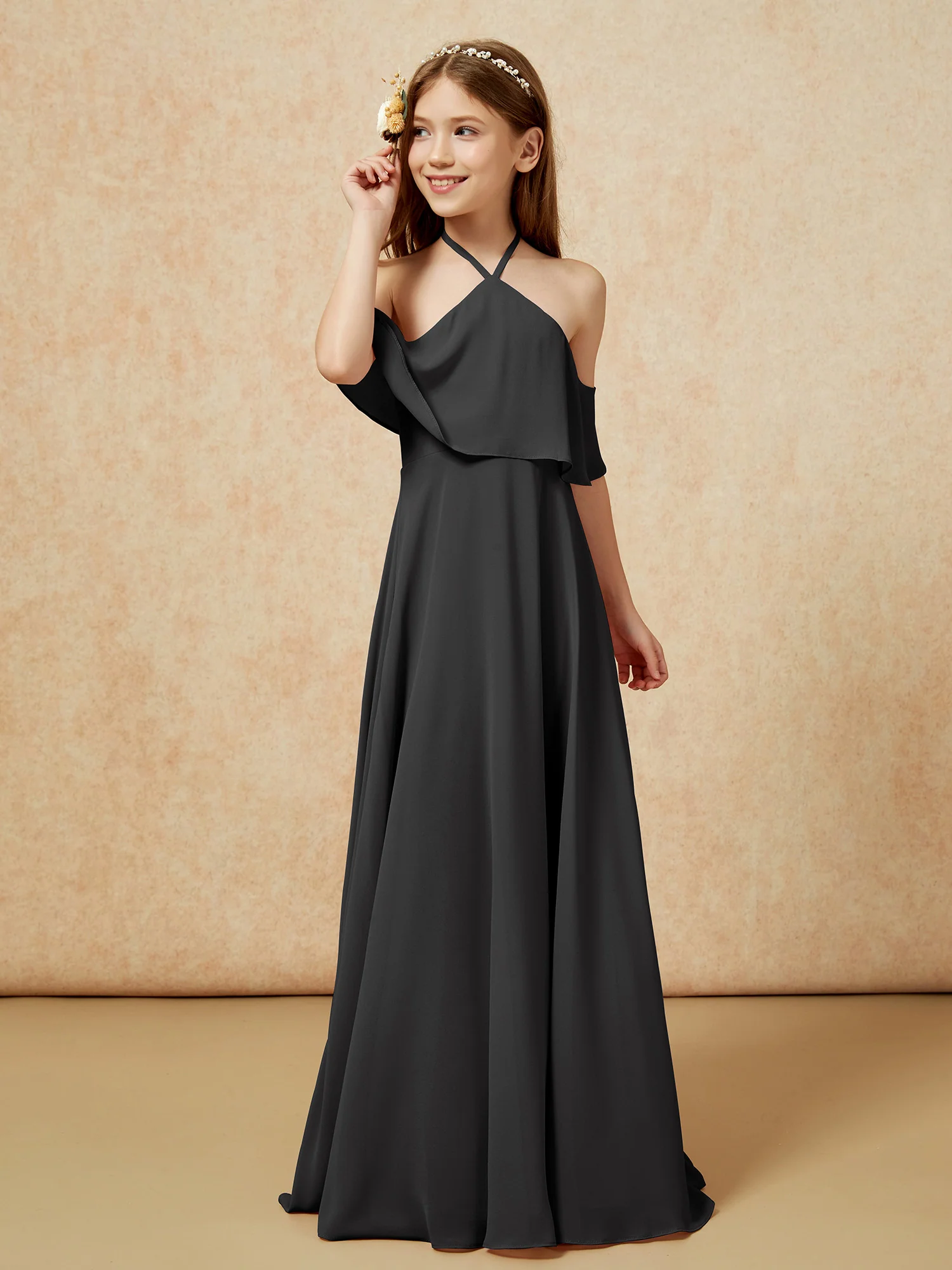 Simple Halter Floor-length Junior Bridesmaid Dress Black