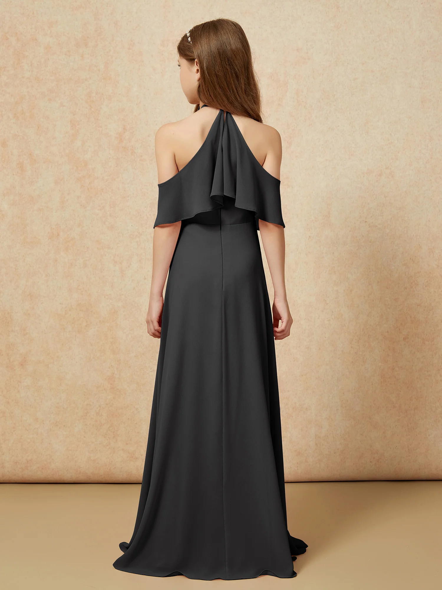 Simple Halter Floor-length Junior Bridesmaid Dress Black - Image 2