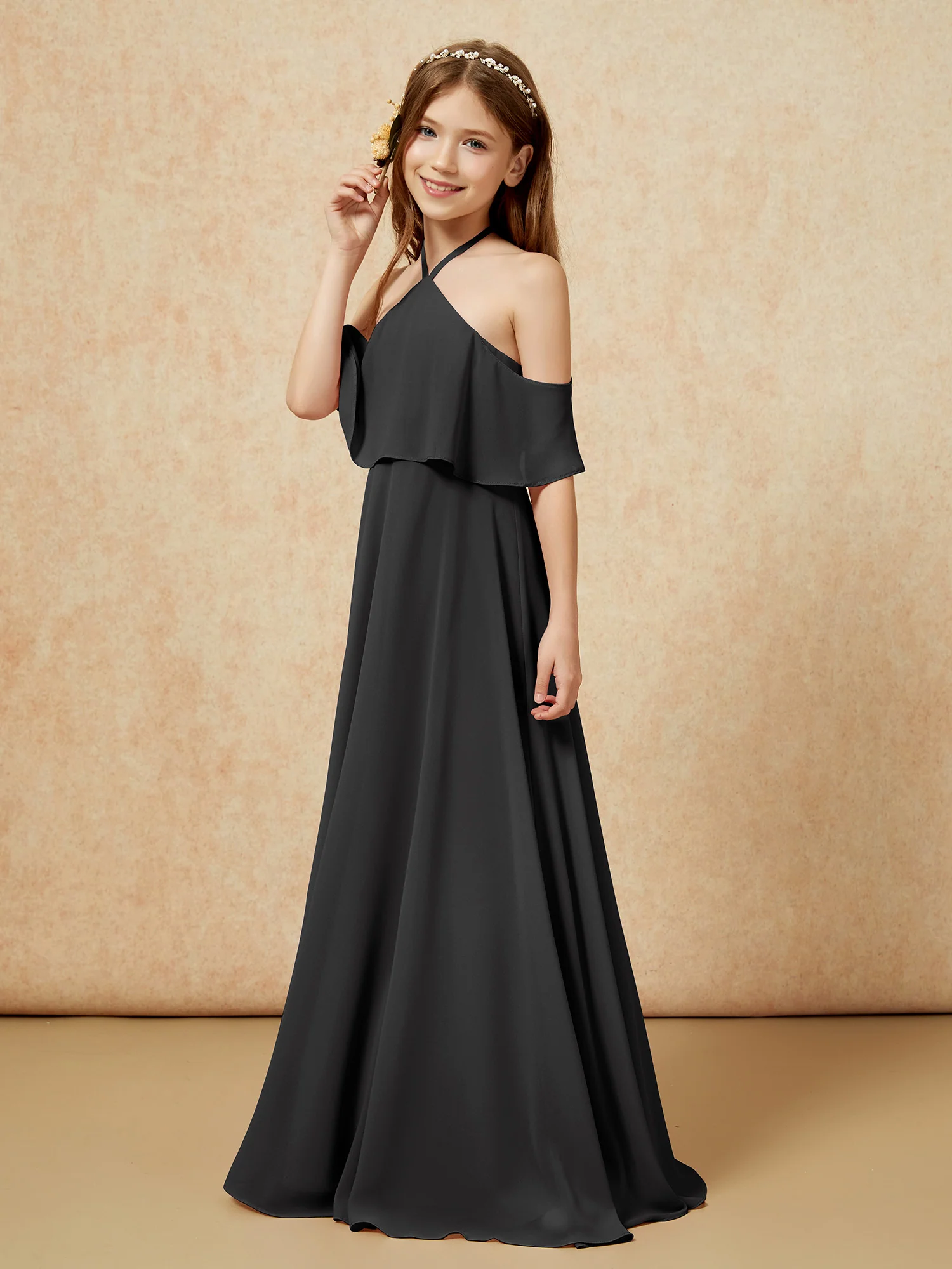 Simple Halter Floor-length Junior Bridesmaid Dress Black - Image 3