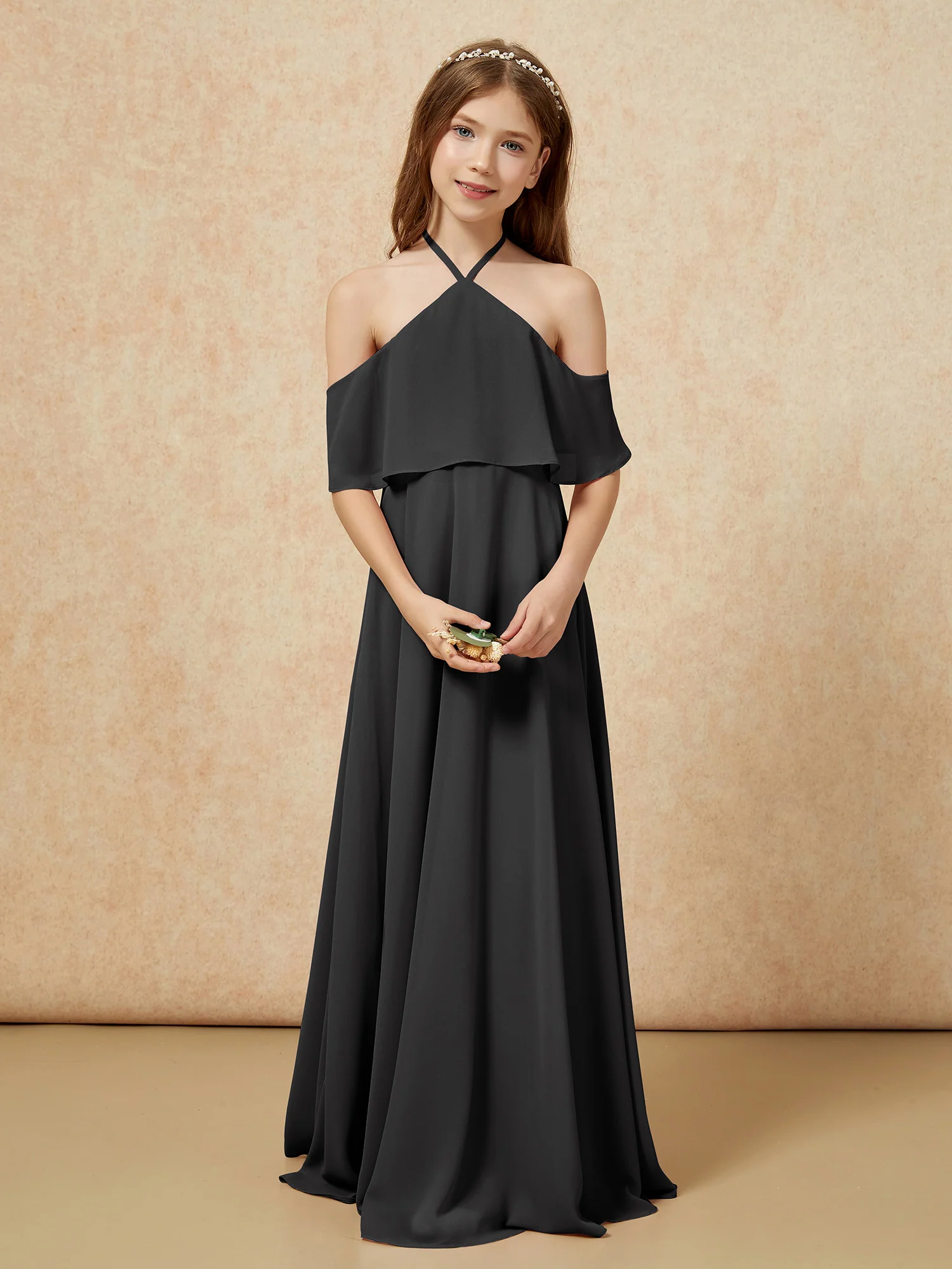 Simple Halter Floor-length Junior Bridesmaid Dress Black - Image 4