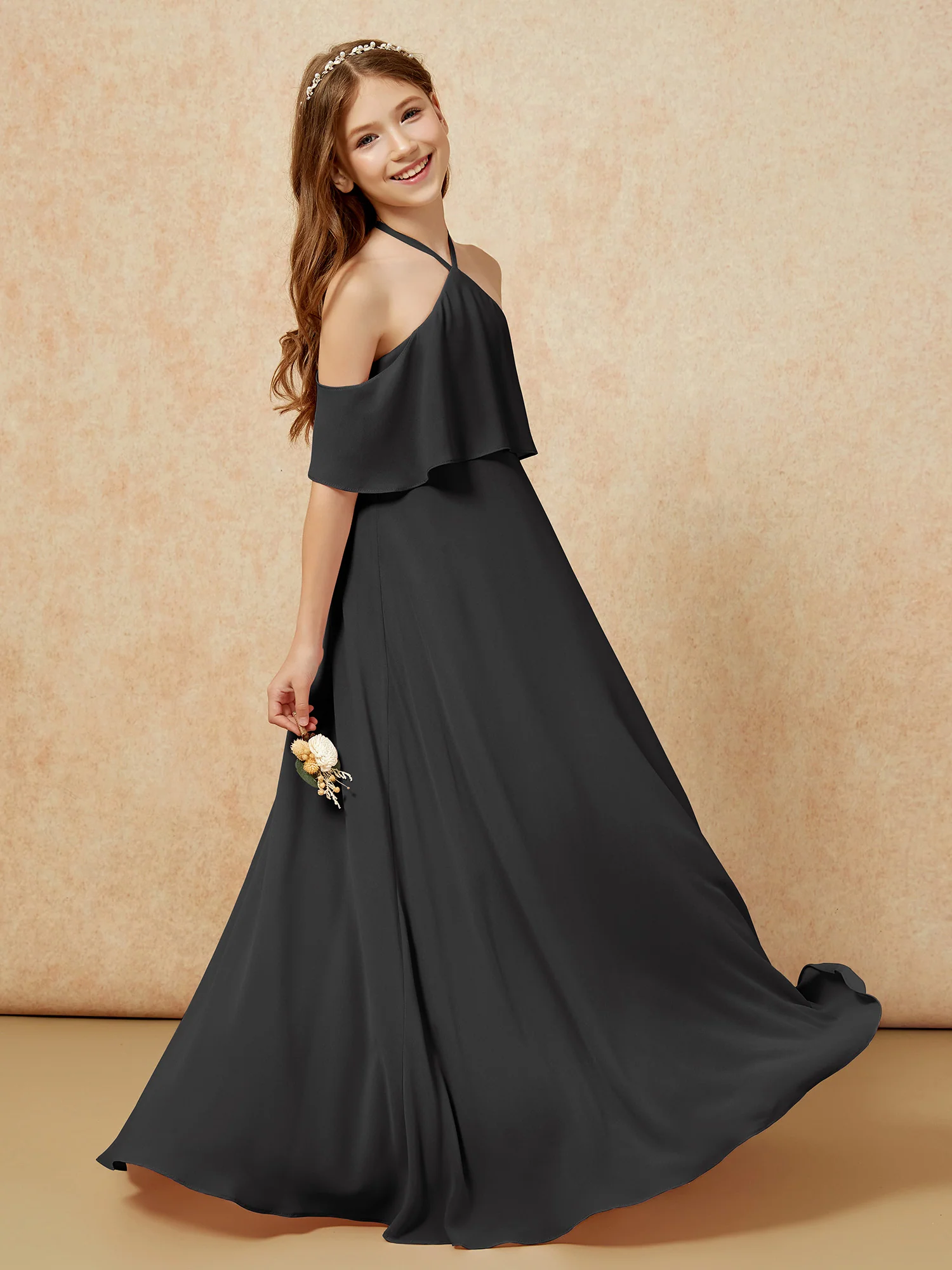 Simple Halter Floor-length Junior Bridesmaid Dress Black - Image 5