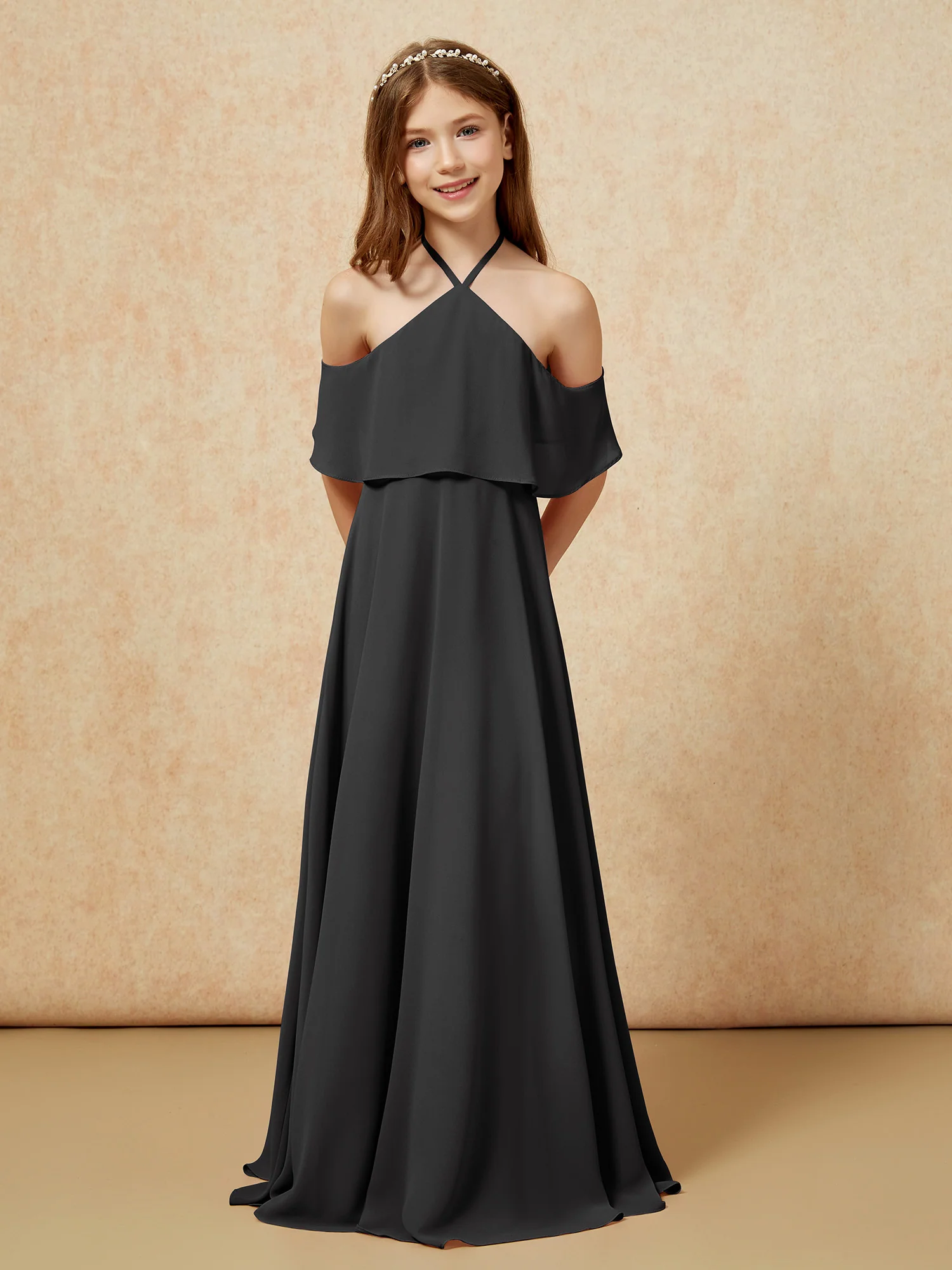 Simple Halter Floor-length Junior Bridesmaid Dress Black - Image 6
