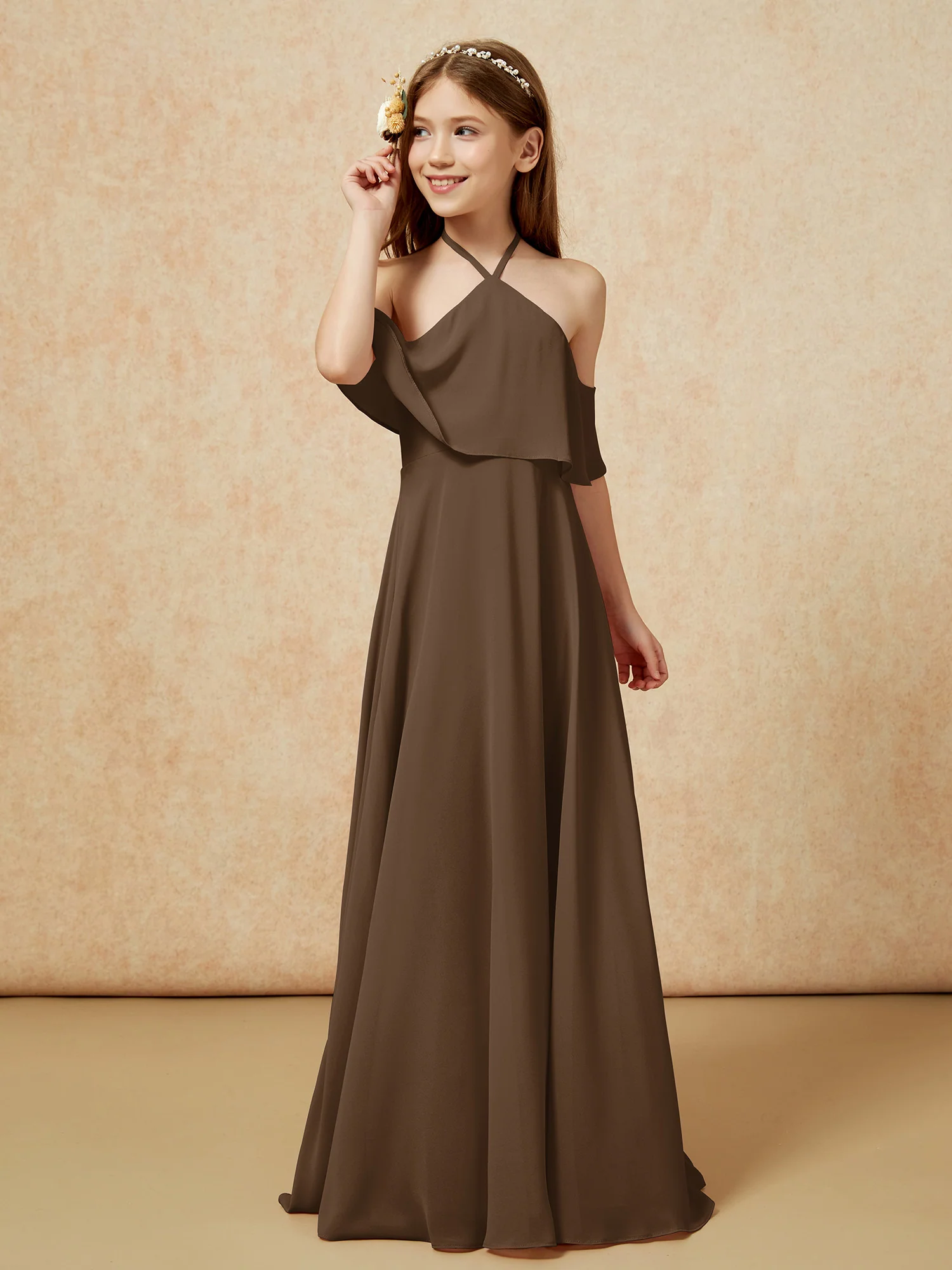 Simple Halter Floor-length Junior Bridesmaid Dress Brown