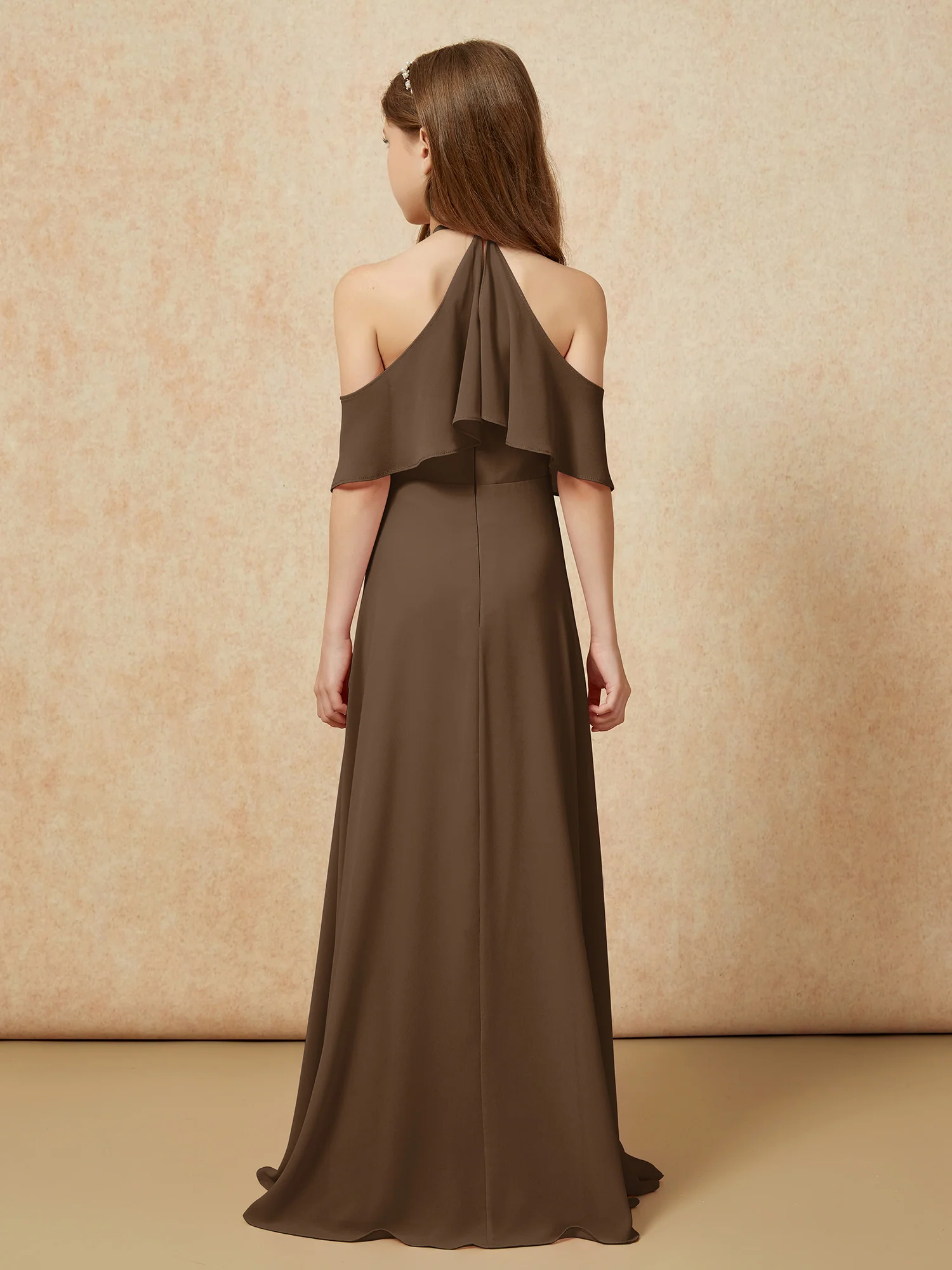 Simple Halter Floor-length Junior Bridesmaid Dress Brown - Image 2