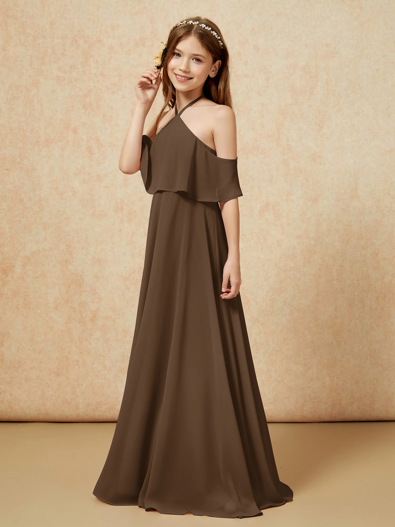 Simple Halter Floor-length Junior Bridesmaid Dress Brown - Image 3
