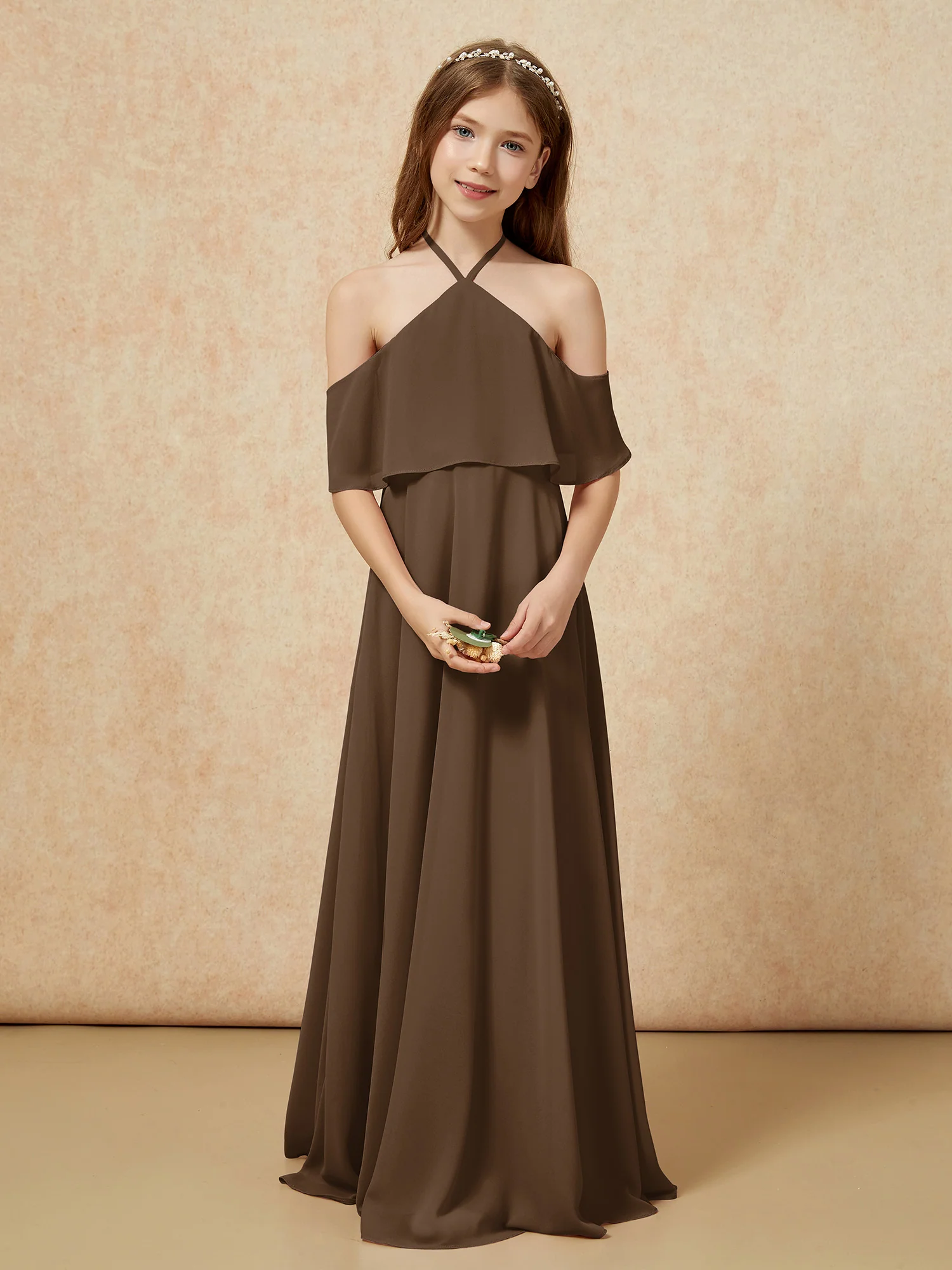 Simple Halter Floor-length Junior Bridesmaid Dress Brown - Image 4