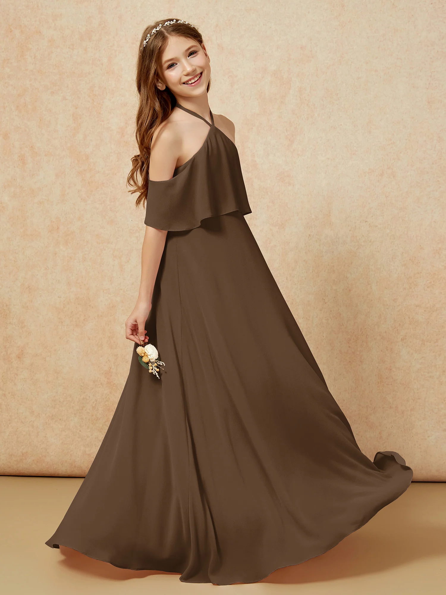 Simple Halter Floor-length Junior Bridesmaid Dress Brown - Image 5