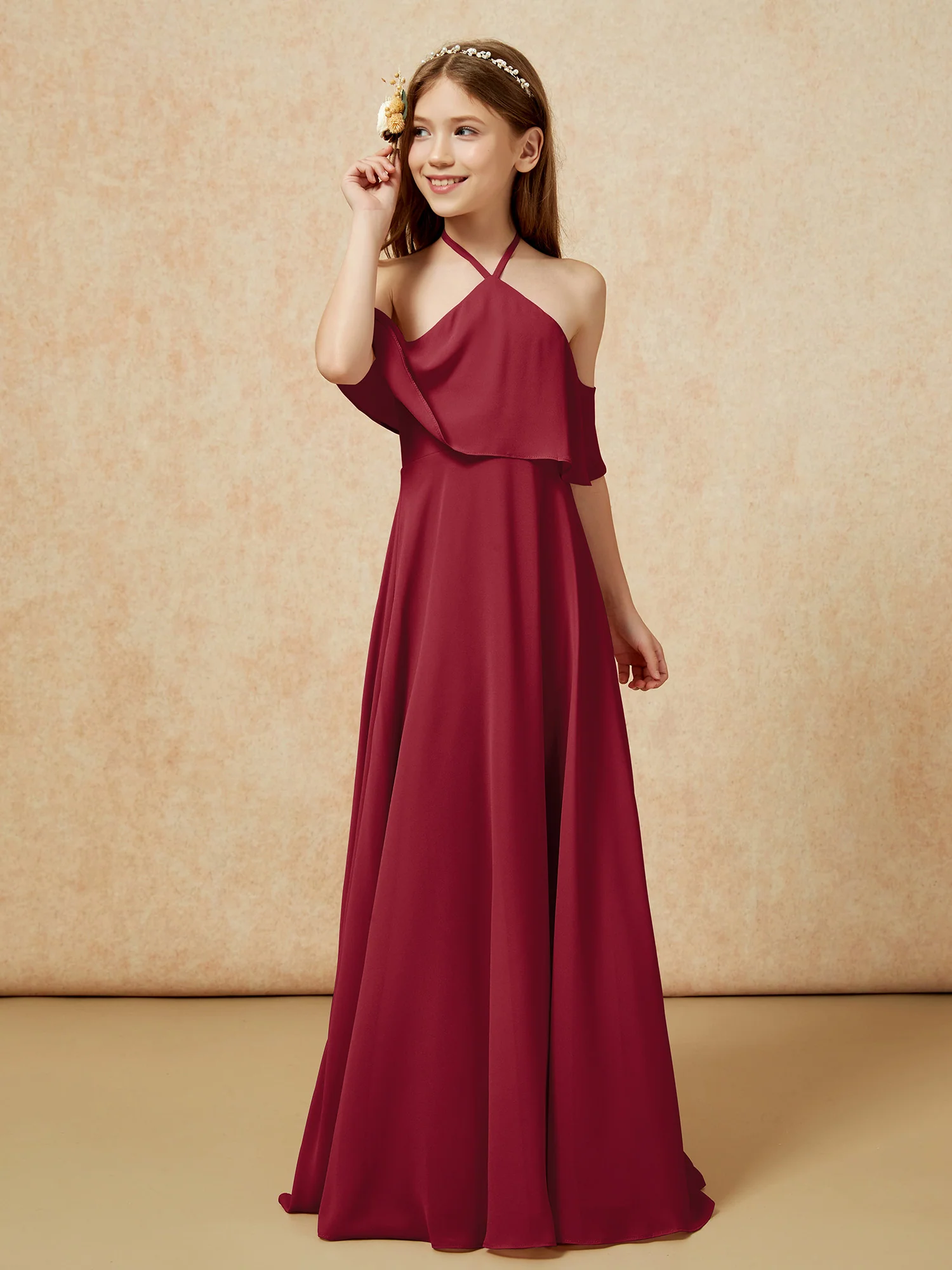 Simple Halter Floor-length Junior Bridesmaid Dress Burgundy