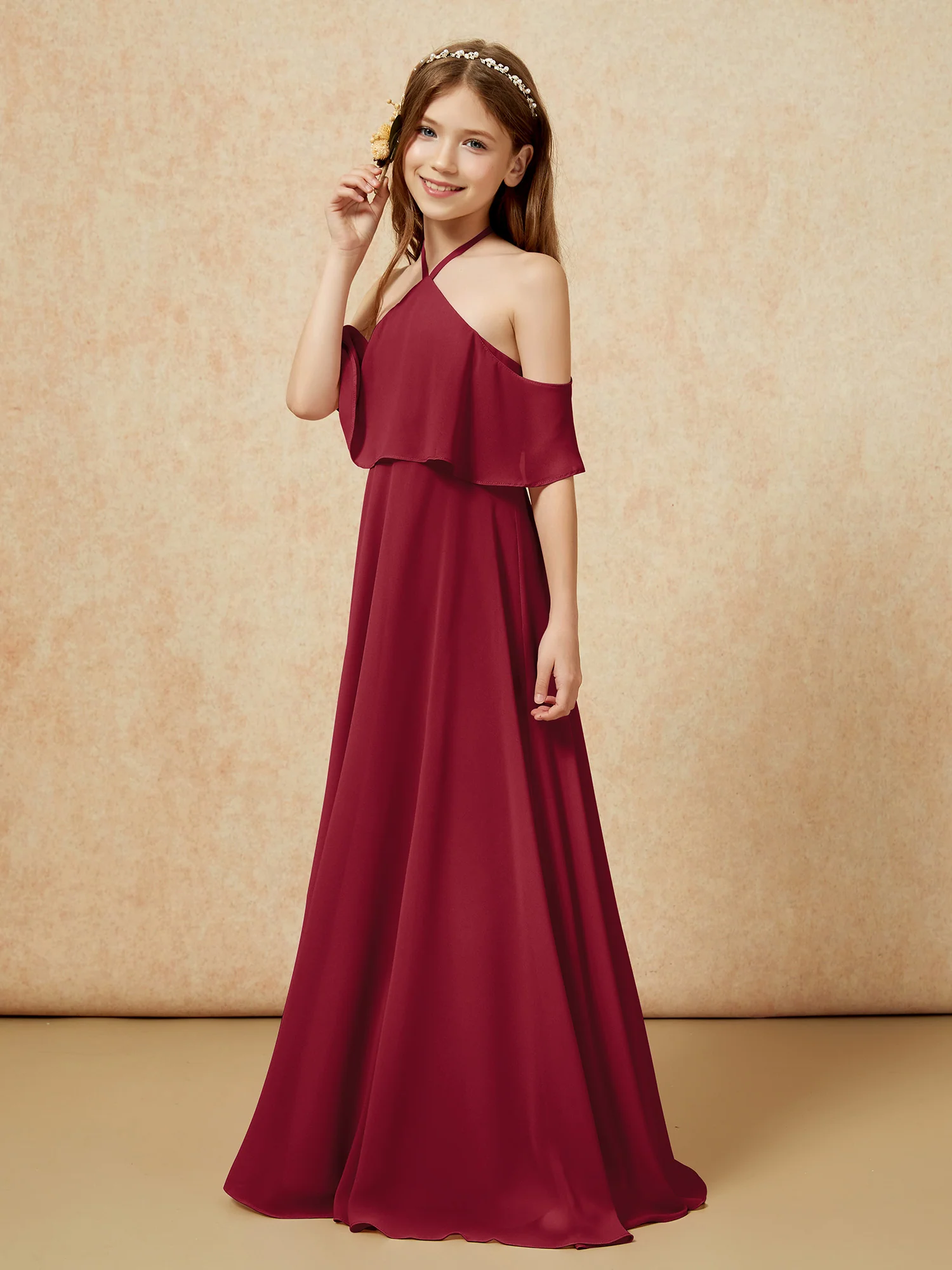 Simple Halter Floor-length Junior Bridesmaid Dress Burgundy - Image 3