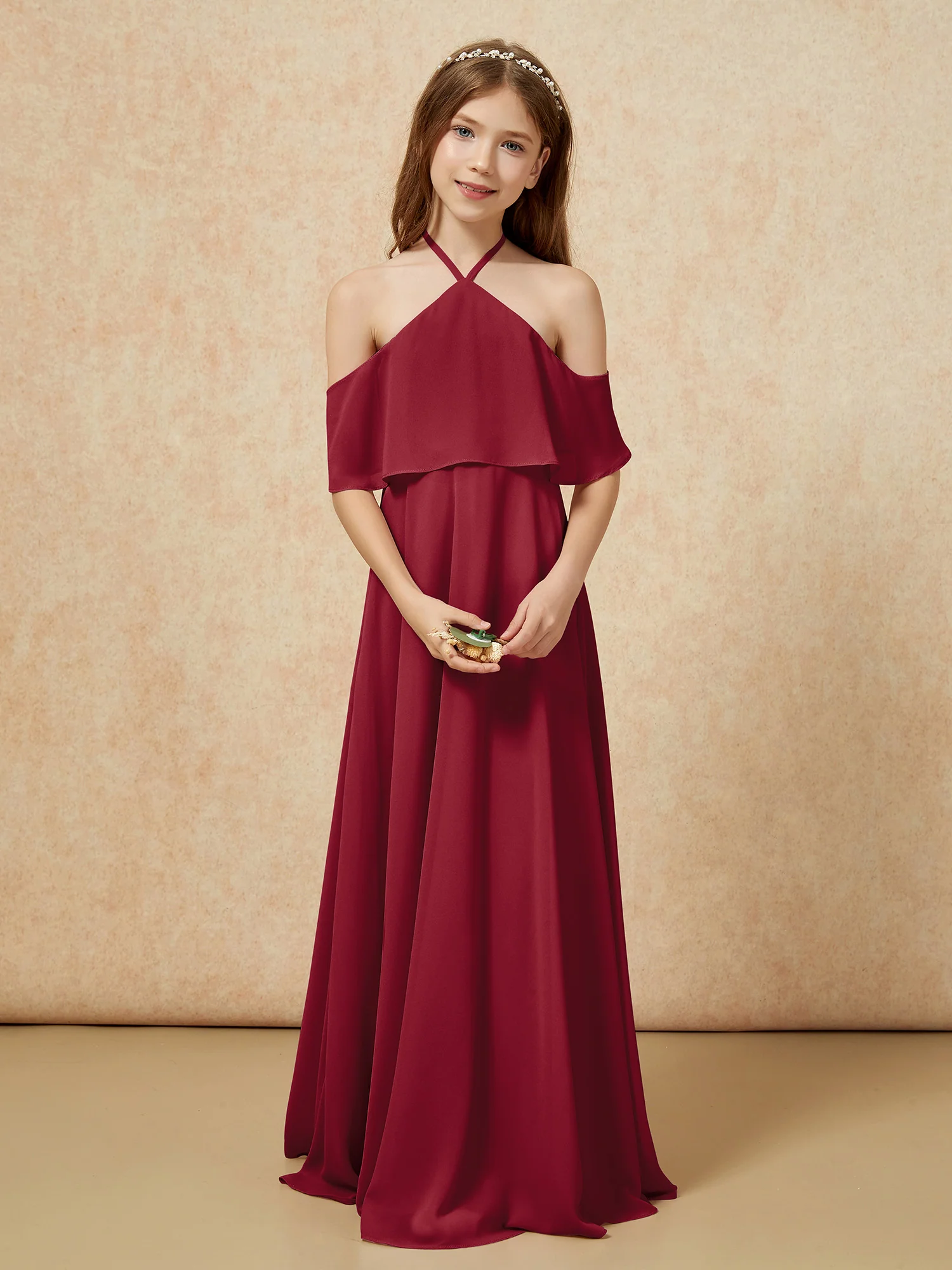 Simple Halter Floor-length Junior Bridesmaid Dress Burgundy - Image 4