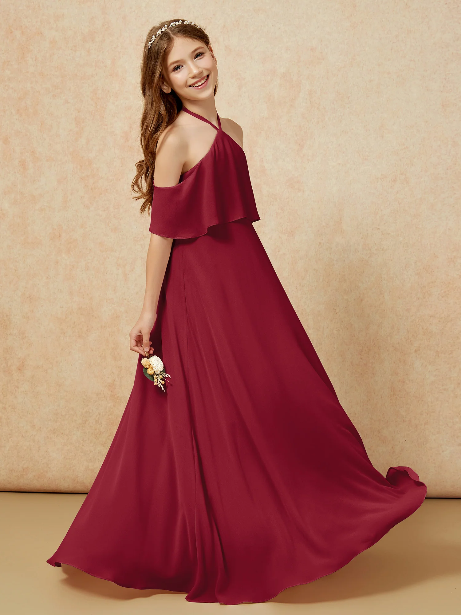 Simple Halter Floor-length Junior Bridesmaid Dress Burgundy - Image 5