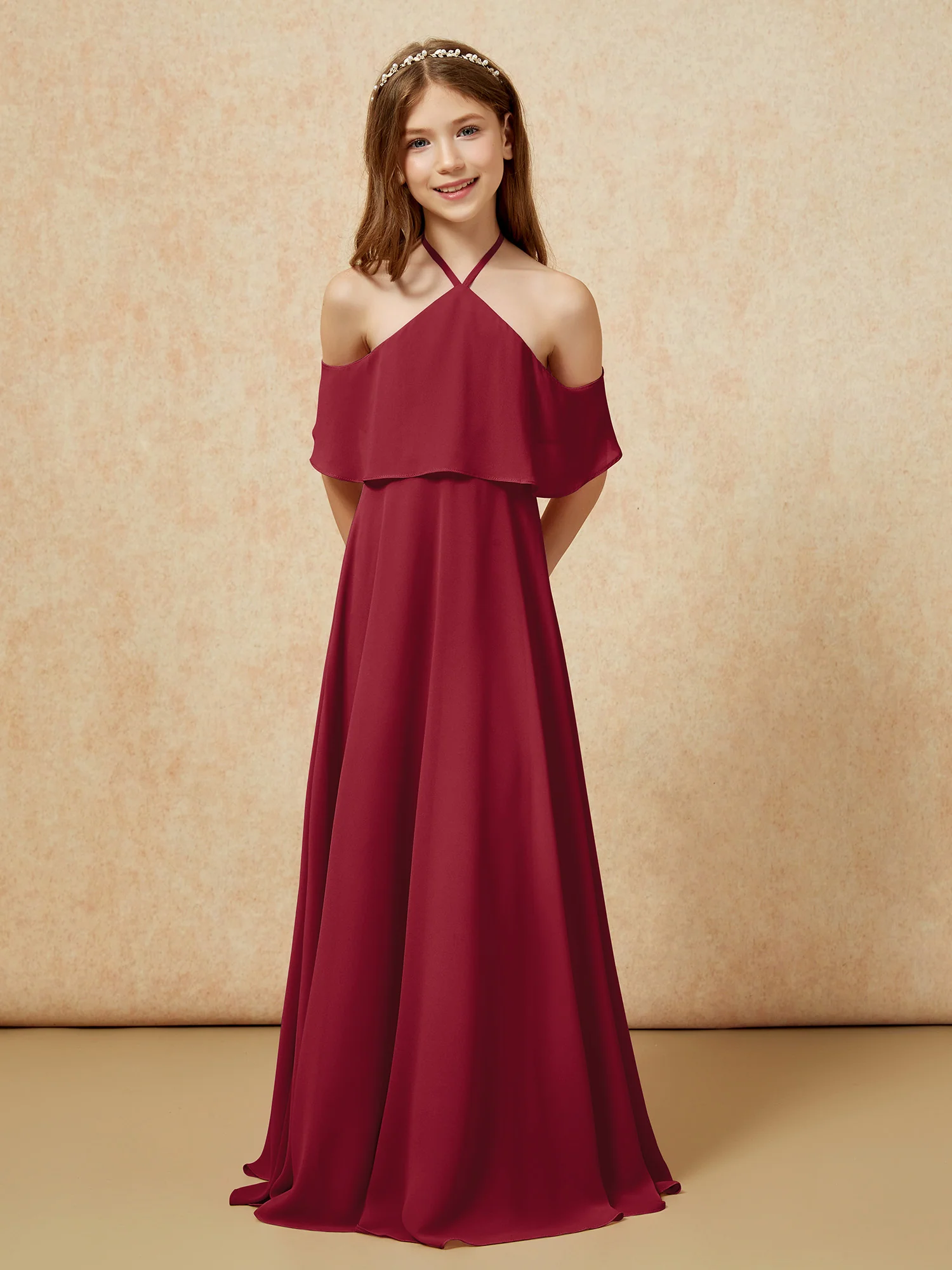 Simple Halter Floor-length Junior Bridesmaid Dress Burgundy - Image 6