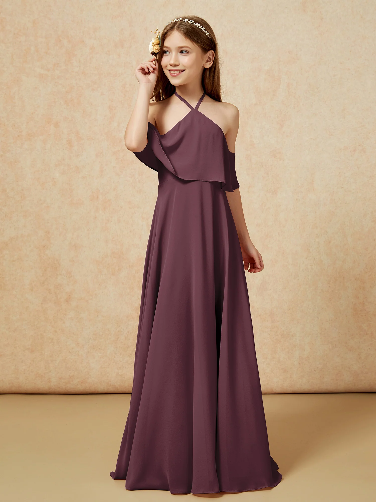 Simple Halter Floor-length Junior Bridesmaid Dress Cabernet