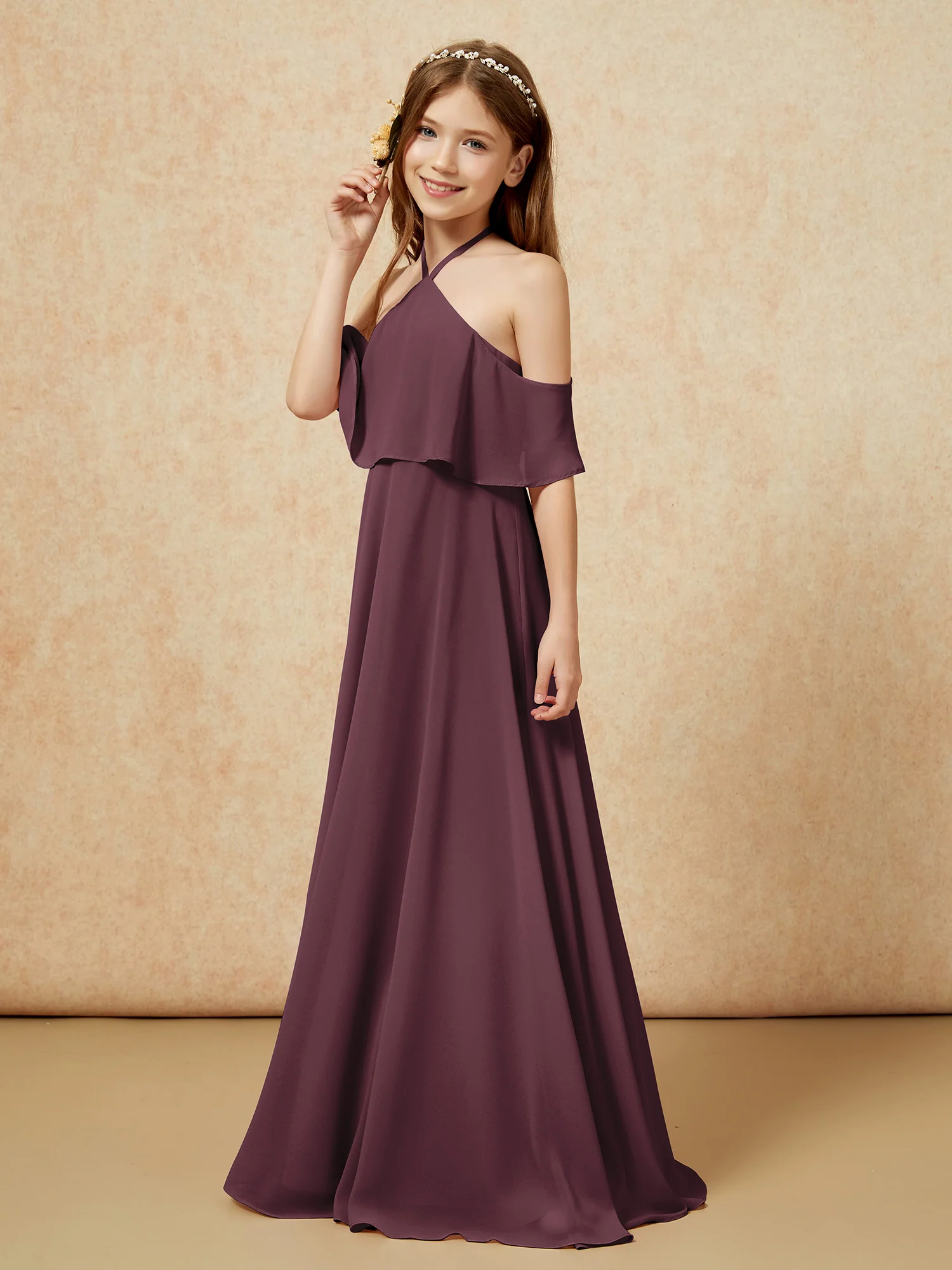 Simple Halter Floor-length Junior Bridesmaid Dress Cabernet - Image 3