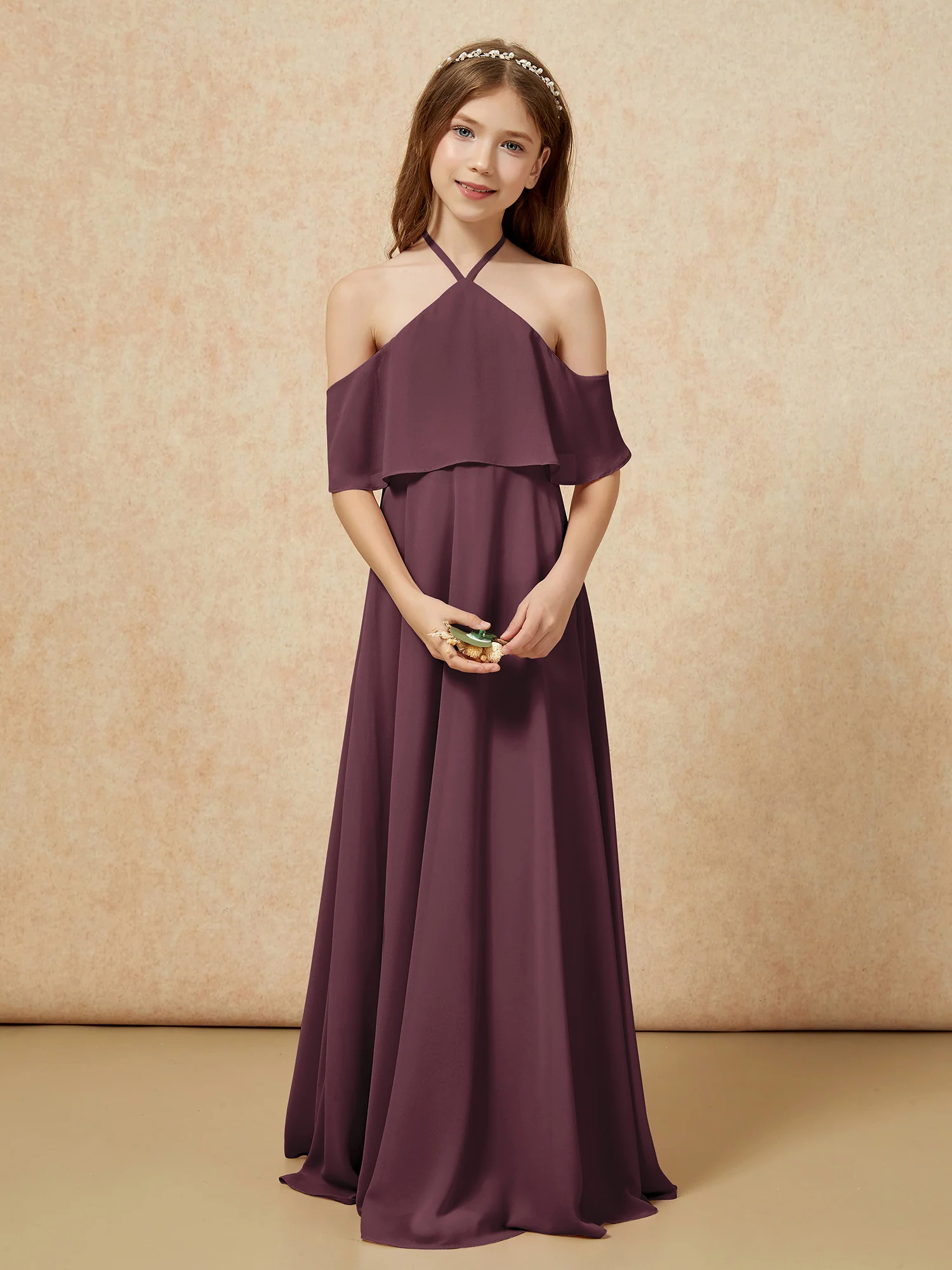 Simple Halter Floor-length Junior Bridesmaid Dress Cabernet - Image 4